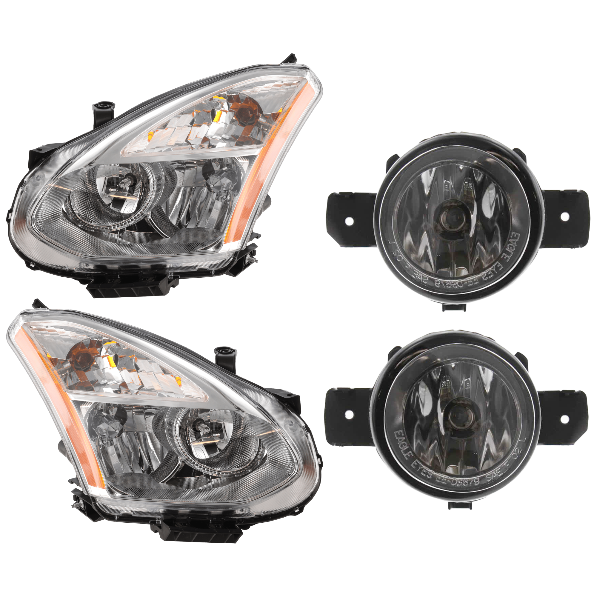 AM ROGUE 08-08 HEAD LAMP RH AND LH 4 pc Kit Assembly Halogen with Fog Light SKU KIT 072126-263 Partslink NI2502170 NI2503170 NI2593122 NI2593117 NI2592122 NI2592117 OEM 26010JM00A 26060JM00A 261509B9