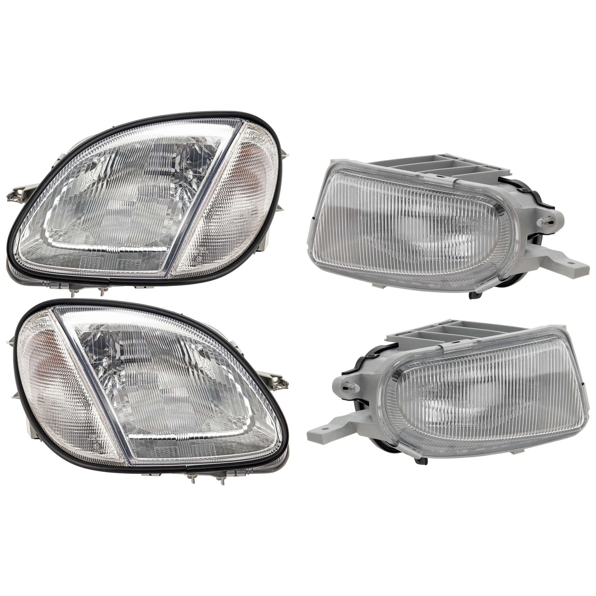 AM SLK230-98-00 HEAD LAMP RH AND LH 4 pc Kit Assembly Halogen with Fog Light SKU KIT 072126-270 Partslink MB2502127 MB2503127 MB2593101 MB2592101 OEM 1708202761-1708202861-17082002