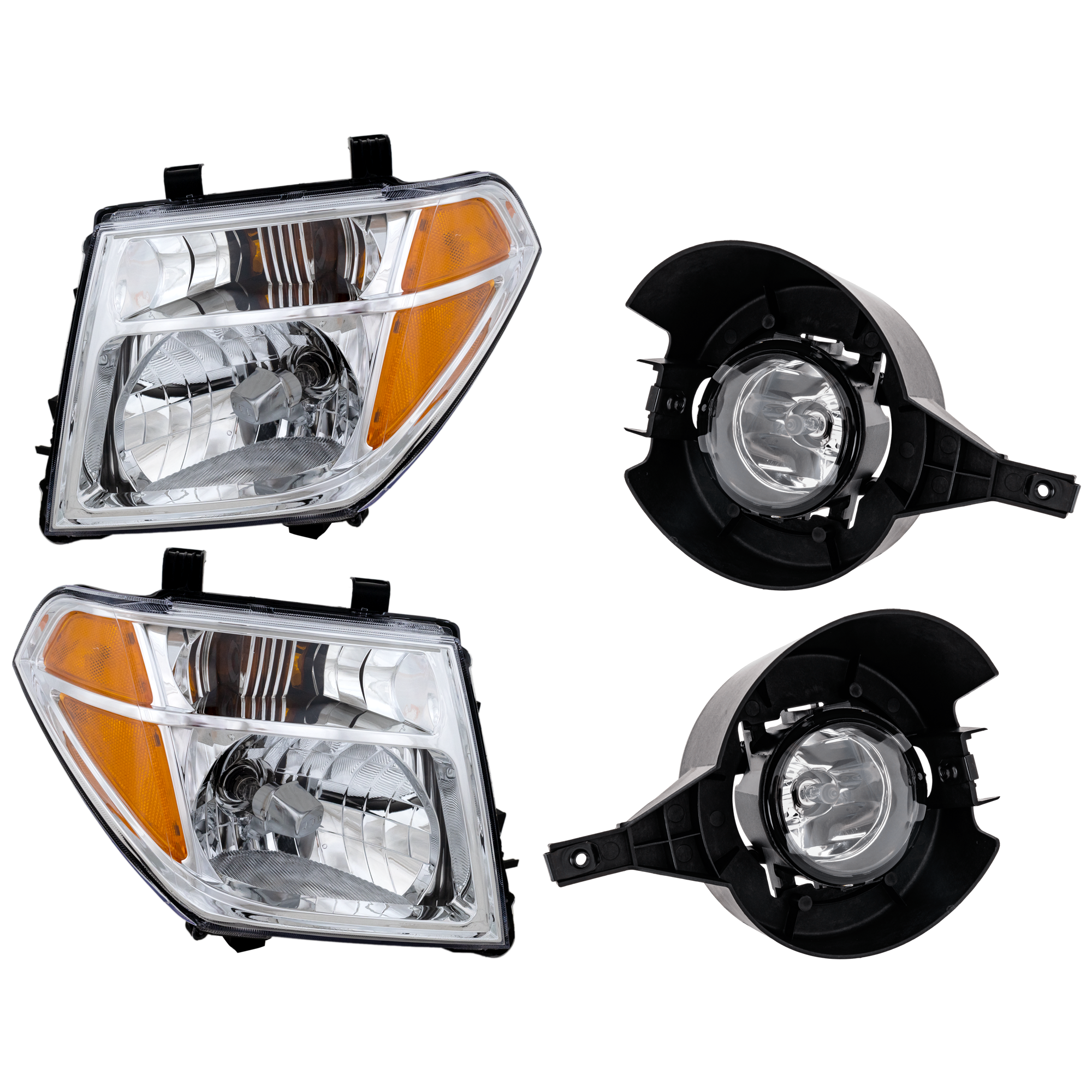 AM FRONTIER 05-08 HEAD LAMP RH AND LH 4 pc Kit Assembly Halogen with Fog Light SKU KIT 072126-27 Partslink NI2502157 NI2503157 NI2593121 NI2592121 OEM 26010EA525-26060EA525-26150EA8