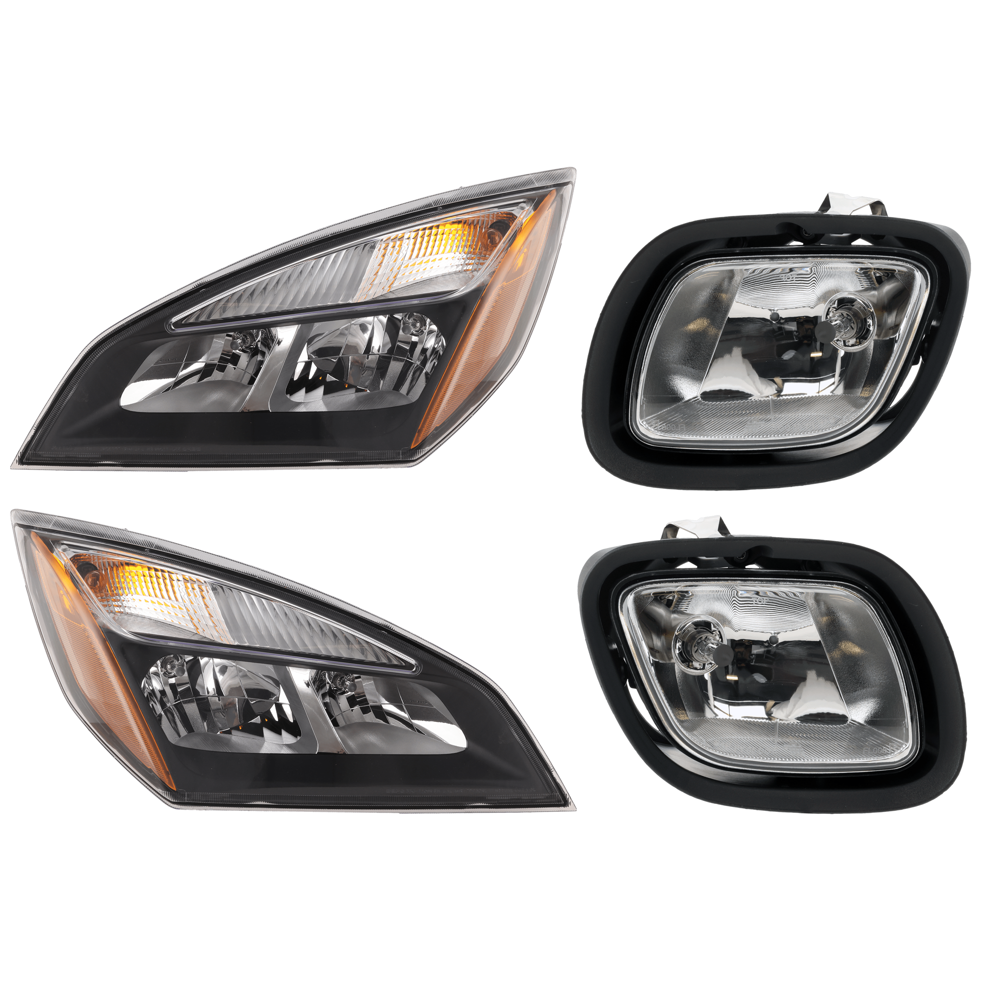 AM CASCADIA 17-17 HEAD LAMP RH AND LH 4 pc Kit Assembly Halogen with Fog Light SKU KIT 072126-304 Partslink FL2593102 FL2592102 OEM A6601512002 A6601512003 A06519