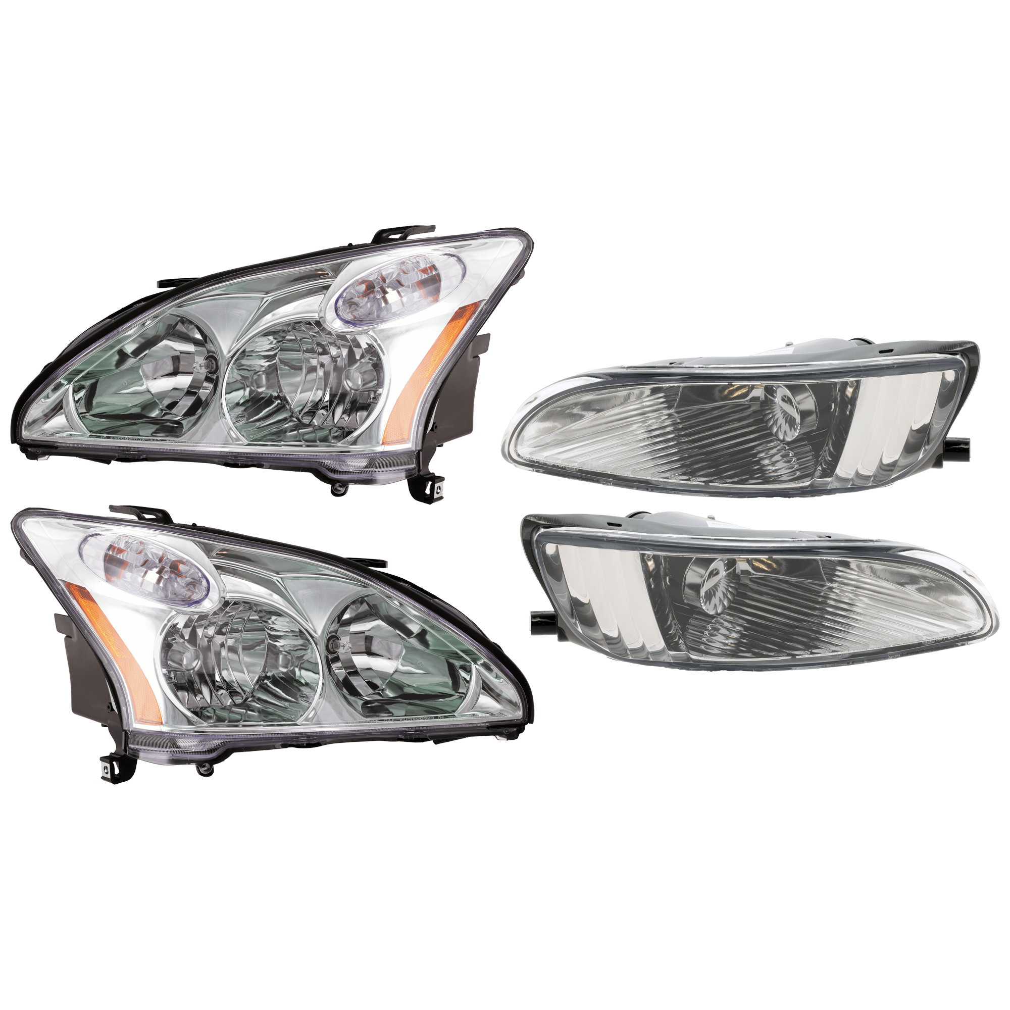 AM RX330-04-06 RX350-07-09 HEAD LAMP RH AND LH 4 pc Kit Assembly Halogen with Fog Light SKU KIT 072126-334 Partslink LX2593103 LX2592103 OEM 8113048200 PFM 8117048200 PFM