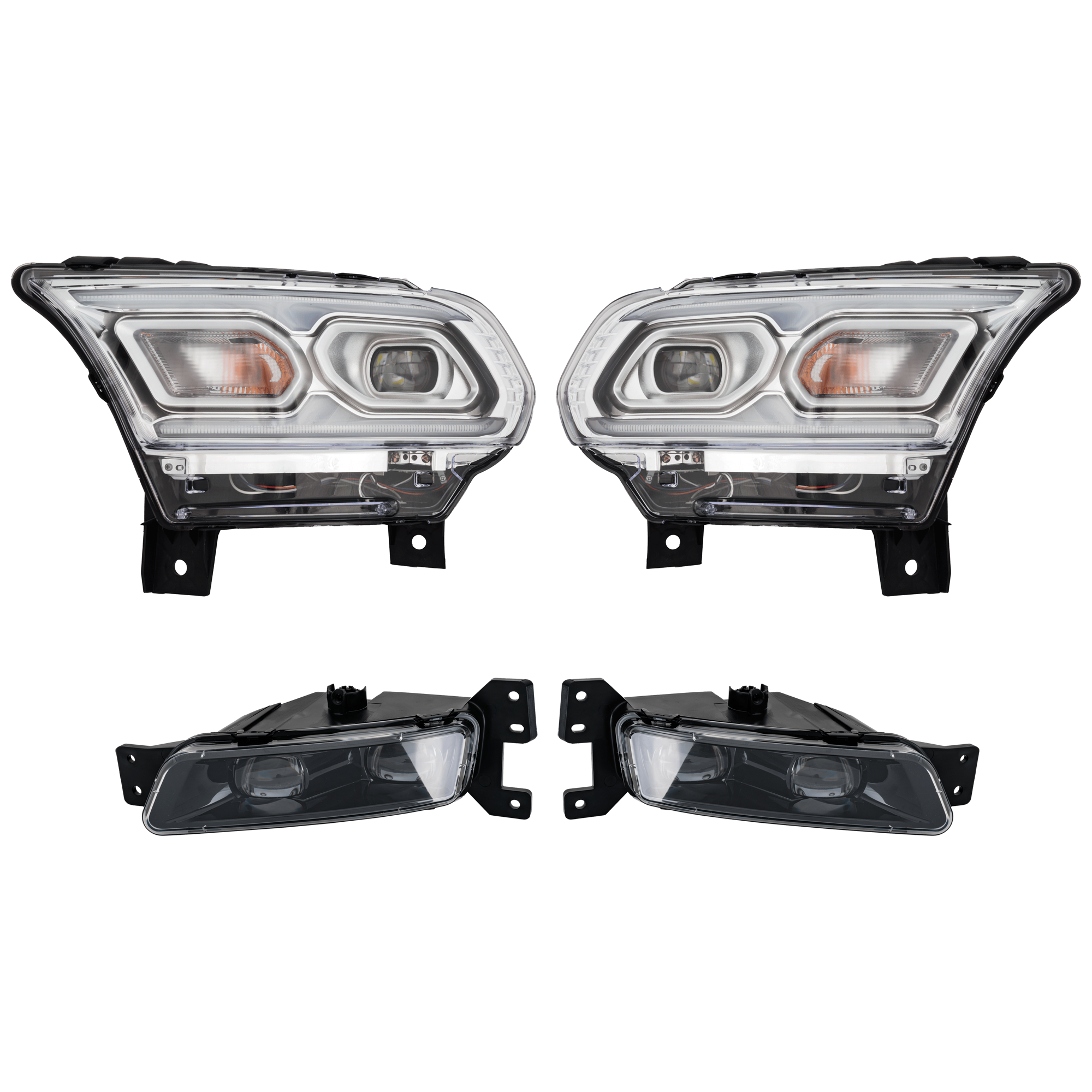 AM DURANGO 21-23 HEAD LAMP RH AND LH 4 pc Kit Assembly LED with Fog Light SKU KIT 072126-374 Partslink CH2502343 CH2503343 CH2593159 CH2592159 OEM 68433776AF 68433777AF 68275510