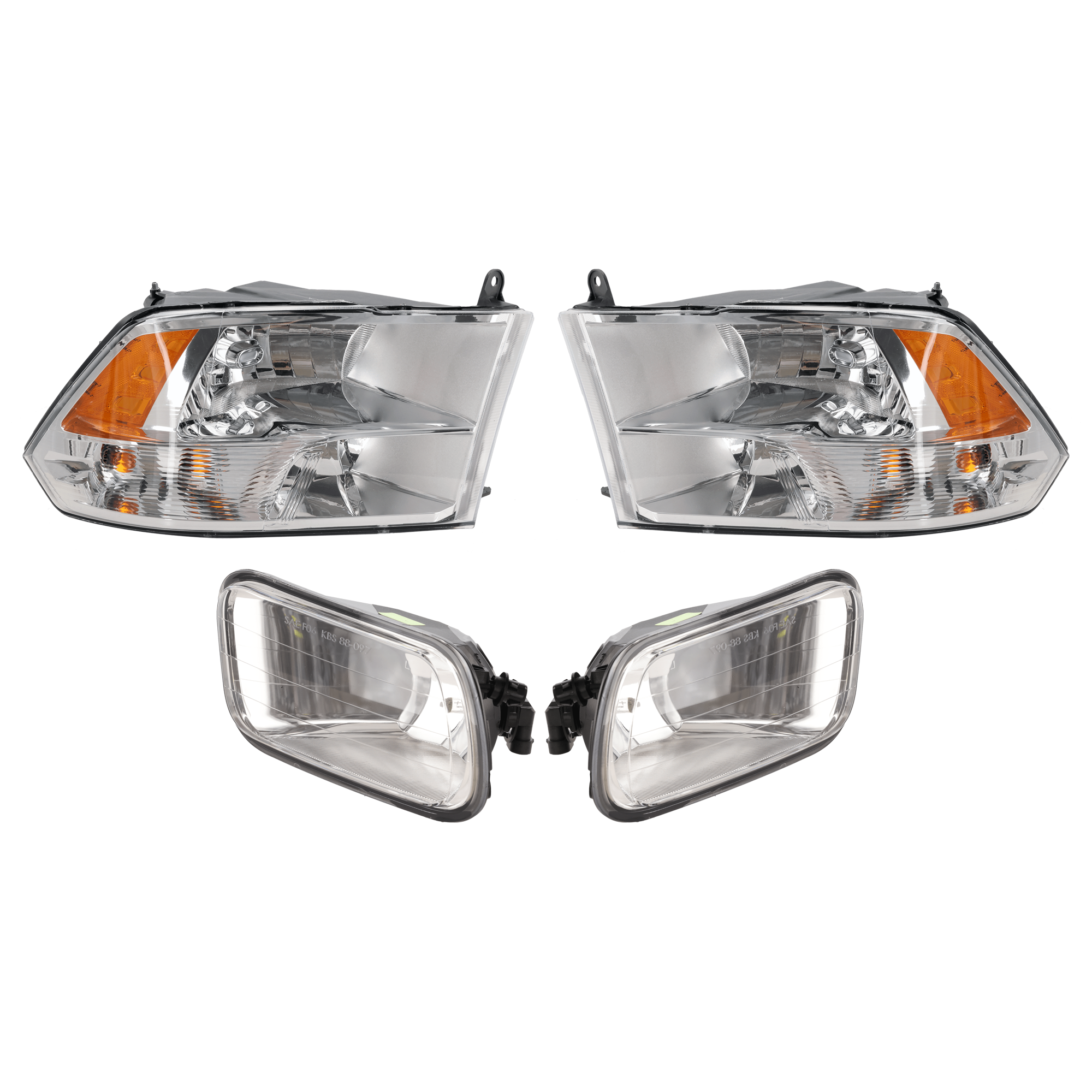 AM RAM 1500-09-10 RAM 2500-10-10 HEAD LAMP RH AND LH 4 pc Kit Assembly Halogen with Fog Light SKU KIT 072126-383 OEM 68001484AH PFM 68001485AH PFM