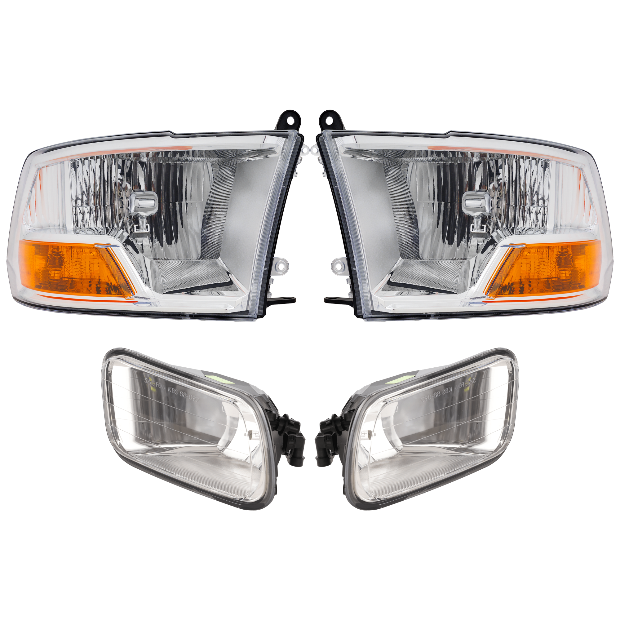 AM RAM 1500-09-10 RAM 2500-10-10 HEAD LAMP RH AND LH 4 pc Kit Assembly Halogen with Fog Light SKU KIT 072126-384 OEM 55277409AG 55277409AF 55277410