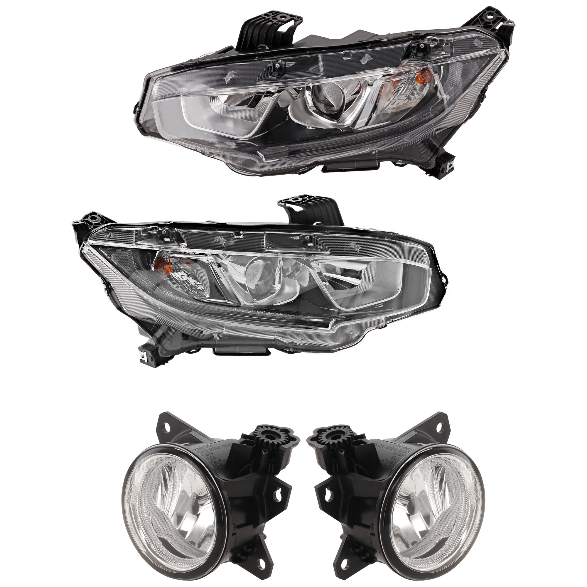 AM CIVIC 16-20 HEAD LAMP RH AND LH 4 pc Kit Assembly Halogen with Fog Light SKU KIT 072126-388 Partslink HO2502173 HO2503173 HO2593143 HO2592143 OEM 33100TBAA01-33150TBAA01-33900T