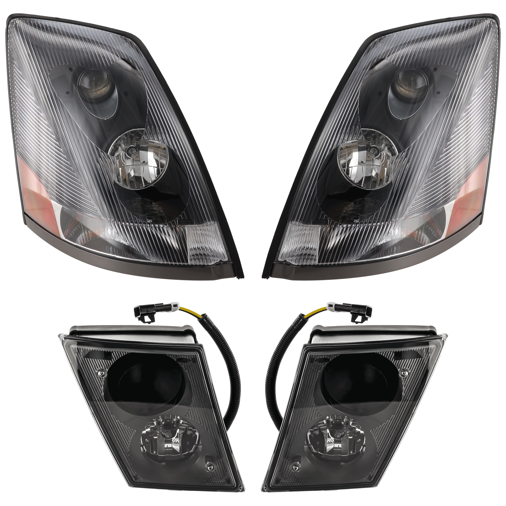 AM VNL 04-15 VNM 07-15 HEAD LAMP RH AND LH 4 pc Kit Assembly Halogen with Fog Light SKU KIT 072126-389 Partslink VO2502156 VO2503156 VO2593120 VO2592120 OEM 82329124-82329127-20737501-207