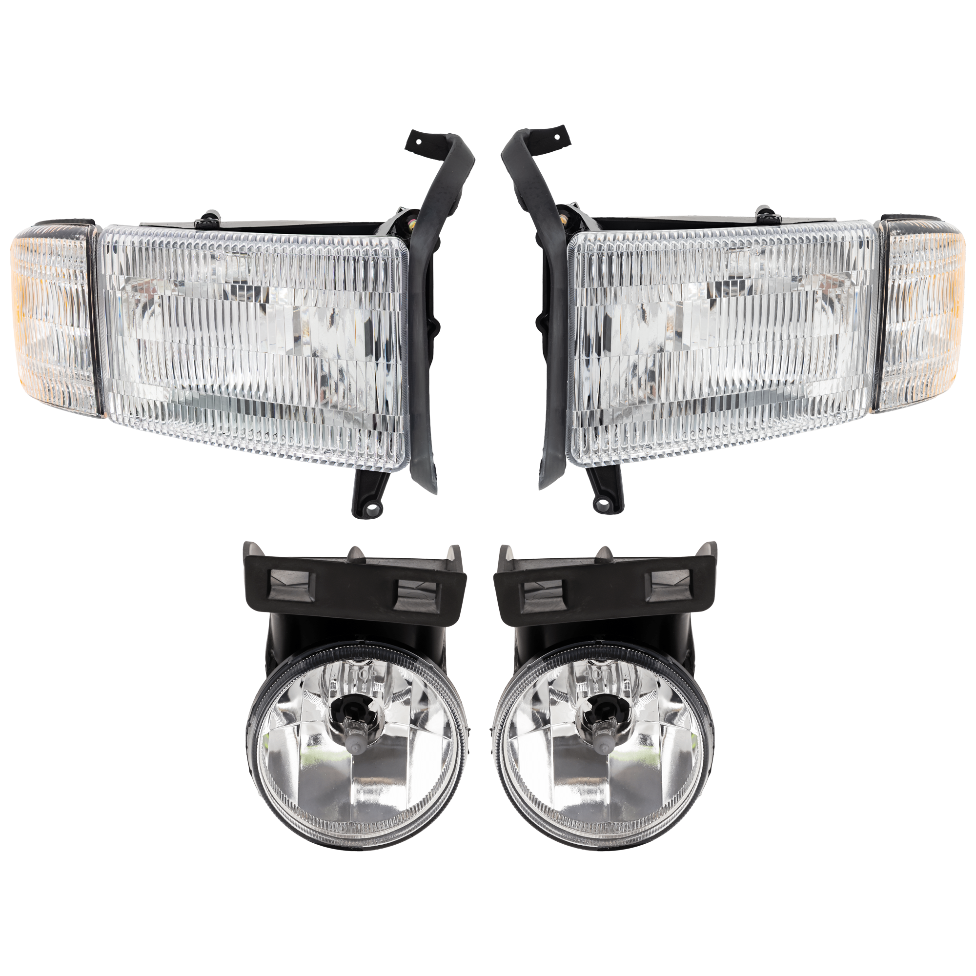 AM RAM 1500-99-02 RAM 2500-99-02 HEAD LAMP RH AND LH 4 pc Kit Assembly Halogen with Fog Light SKU KIT 072126-392 Partslink CH2502101 CH2503101 CH2593120 CH2592120 OEM 55076748AD 55076748AO 55076749