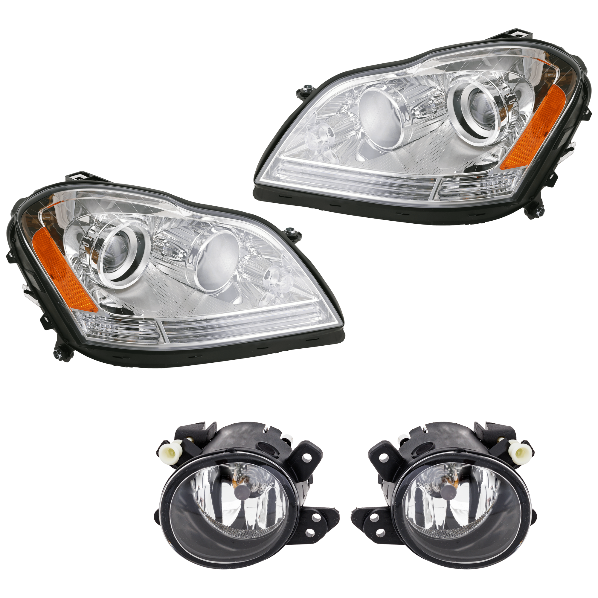 AM GL CLASS 07-11 HEAD LAMP RH AND LH 4 pc Kit Assembly Halogen with Fog Light SKU KIT 072126-394 Partslink MB2502202 MB2503202 MB2593114 MB2592114 OEM 1648204759-1648204859-25182008