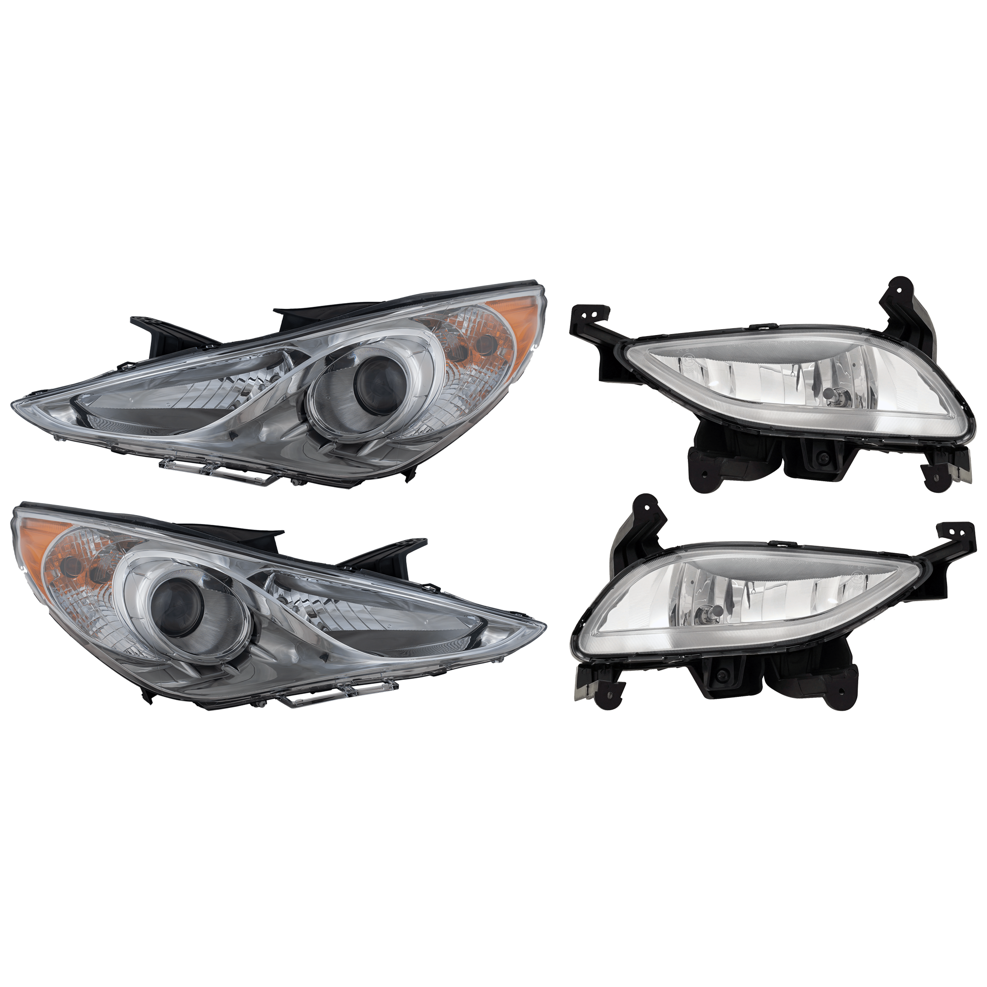 AM SONATA 14-14 HEAD LAMP RH AND LH 4 pc Kit Assembly Halogen with Fog Light SKU KIT 072126-44 Partslink HY2502157 HY2503157 HY2593150 HY2592150 OEM 921013Q100-921023Q100-922023Q1