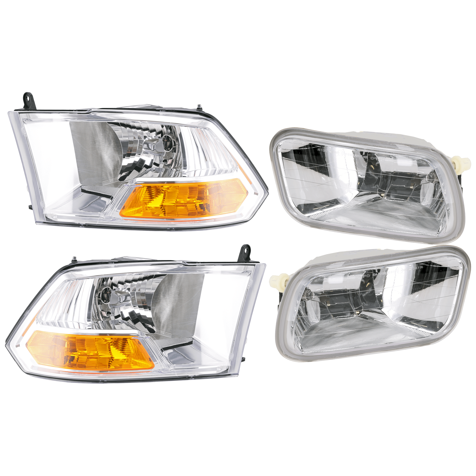 AM RAM 1500-09-10 RAM 2500-10-10 HEAD LAMP RH AND LH 4 pc Kit Assembly Halogen with Fog Light SKU KIT 072126-52 OEM 55277409AG 55277409AF 55277410