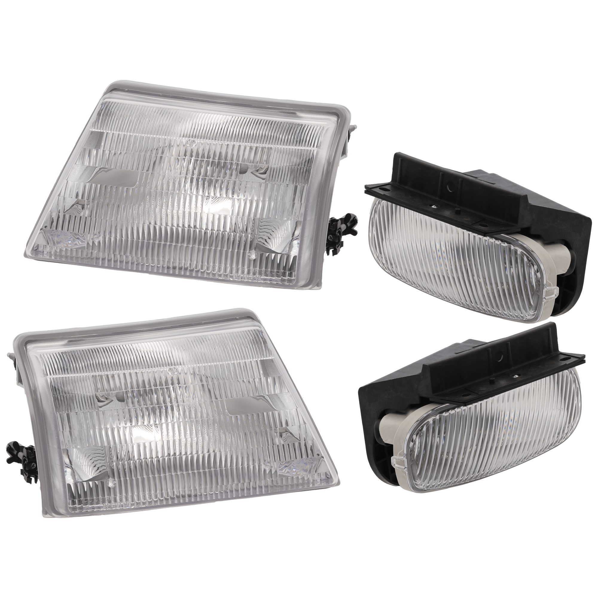 AM RANGER 98-00 HEAD LAMP RH AND LH 4 pc Kit Assembly Halogen with Fog Light SKU KIT 072126-53 Partslink FO2502151 FO2503151 FO2593198 FO2592198 OEM F87Z13008EB F87Z13008FB YL5Z15