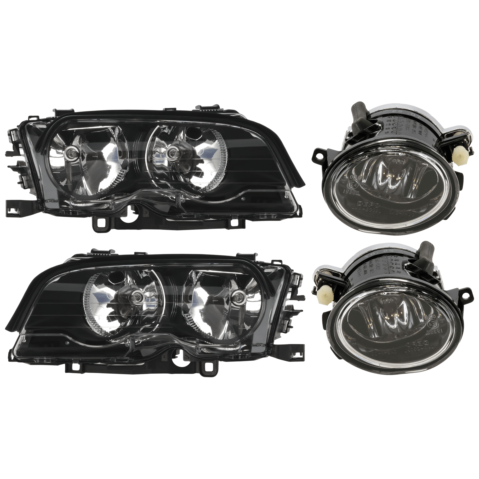 AM 325I 01-01-330I 01-01 HEAD LAMP RH AND LH 4 pc Kit Assembly Halogen with Fog Light SKU KIT 072126-93 Partslink BM2502102 BM2503112 BM2593122 BM2592122 OEM 63126902753-63126904280-631778