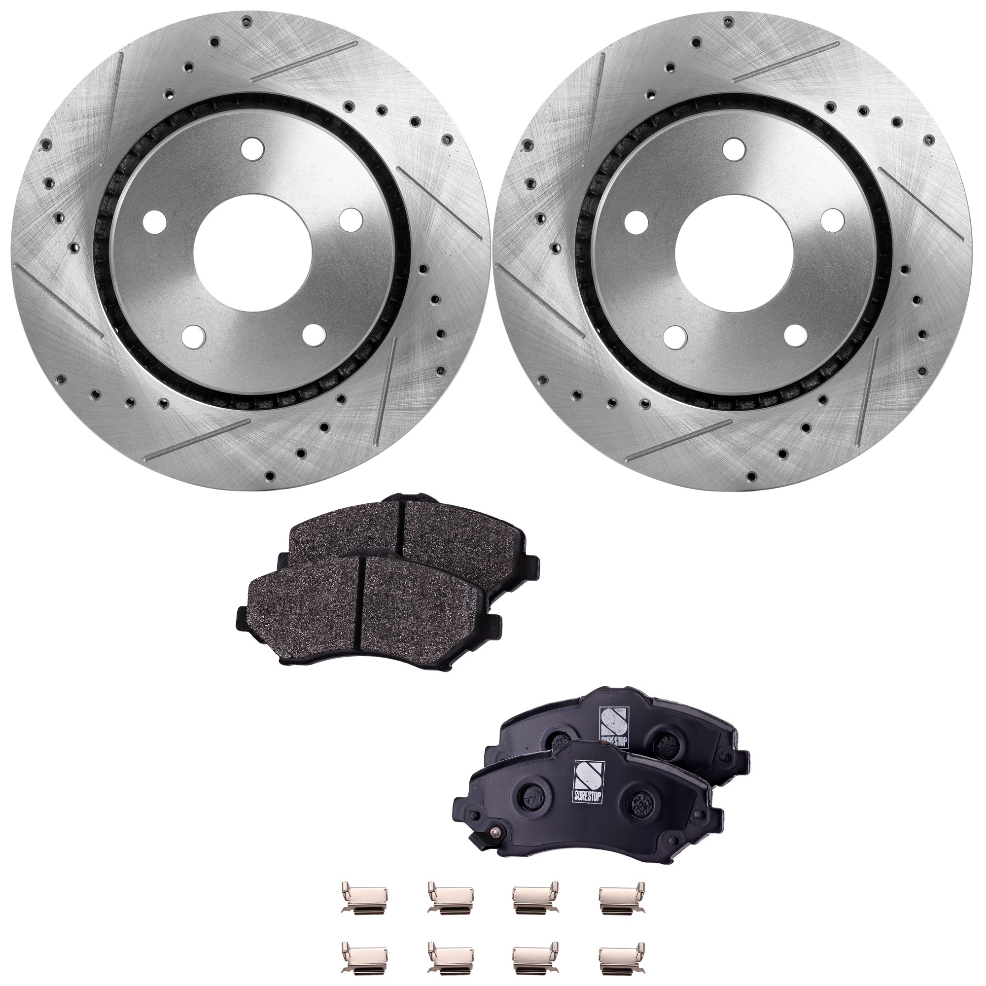 AM TOWN COUNTRY GRAND CARAVAN 08-16 FRONT BRAKE DISC AND PAD KIT 3 pc kit Cross drilled and Slotted 5 Lugs Semi metallic SKU KIT 072222-02 OEM 19301-43166-43537-53051-53052