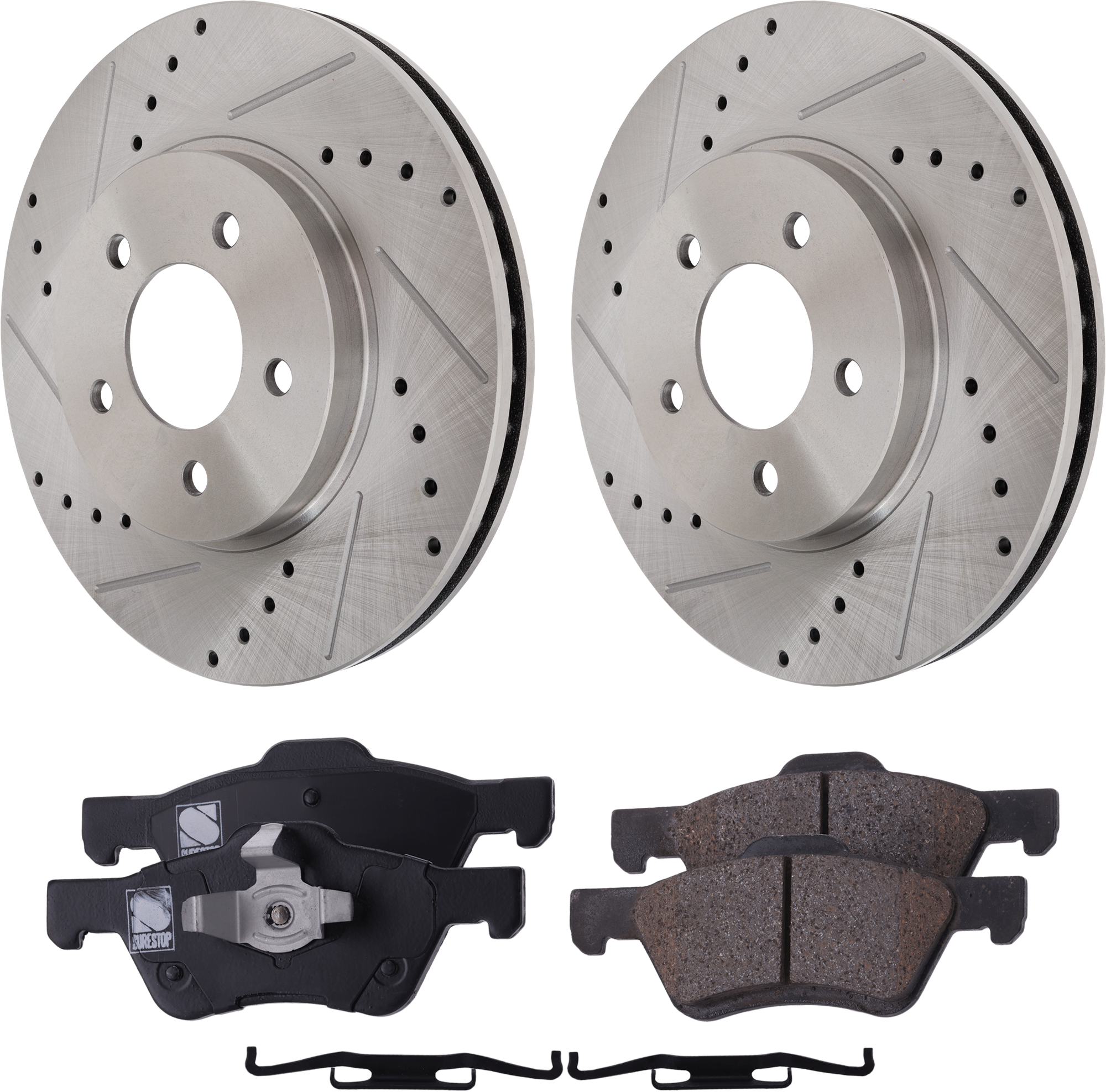 AM ESCAPE TRIBUTE 05-11 FRONT BRAKE DISC AND PAD KIT 4 pc Kit Cross drilled and Slotted SKU KIT 072222-03 OEM 19360-54123-145583-492595-6802