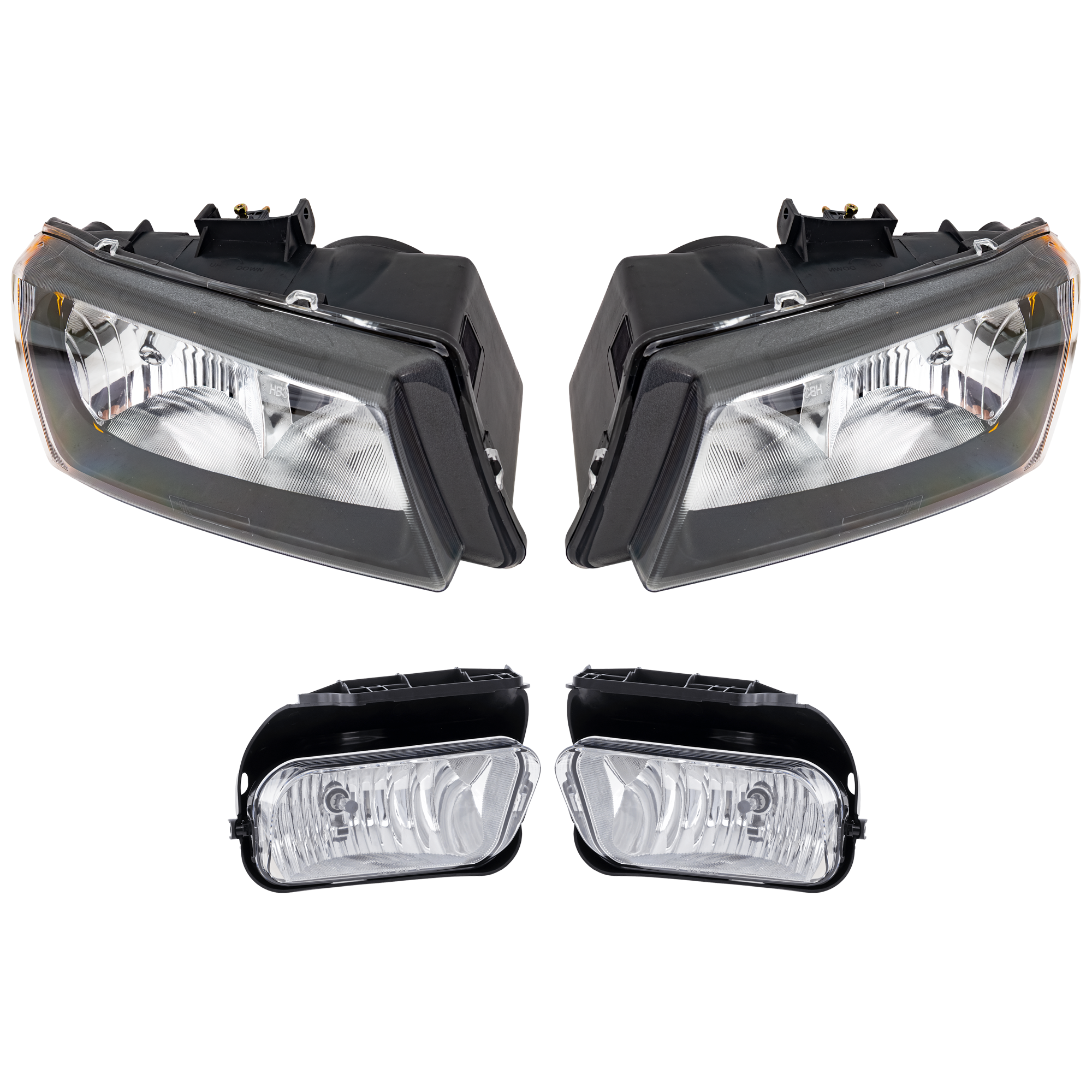 AM AVALANCHE 1500 AVALANCHE 2500-03-06 HEAD LAMP RH AND LH 4 pc Kit Assembly Halogen with Fog Light SKU KIT 072226-104 Partslink GM2502257 GM2503257 GM2593127 GM2592127 OEM 10396912-10396913-15190983-151