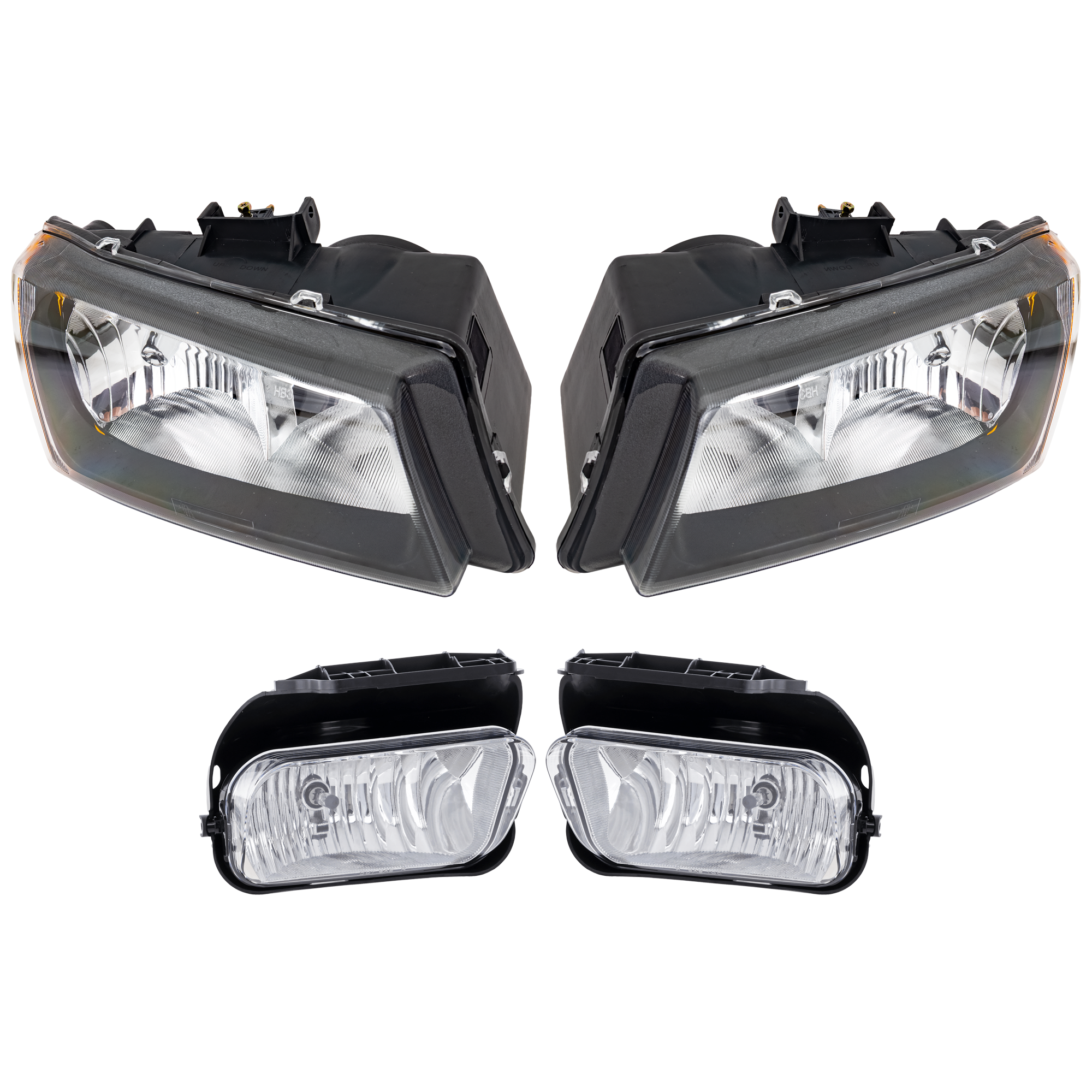 AM AVALANCHE 1500 AVALANCHE 2500-03-06 HEAD LAMP RH AND LH 4 pc Kit Assembly Halogen with Fog Light SKU KIT 072226-105 Partslink GM2502257 GM2503224 GM2593127 GM2592127 OEM 10396912 PFM 10396913-15190983