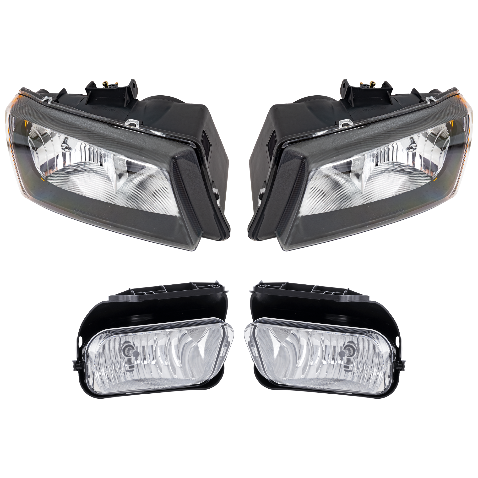 AM AVALANCHE 1500 AVALANCHE 2500-03-06 HEAD LAMP RH AND LH 4 pc Kit Assembly Halogen with Fog Light SKU KIT 072226-107 Partslink GM2502224 GM2503257 GM2593127 GM2592127 OEM 10396912-10396913 PFM 15190983