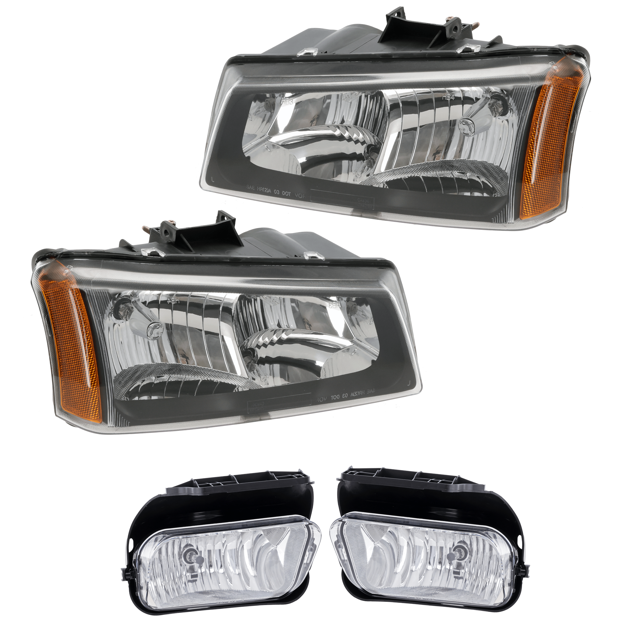 AM AVALANCHE 1500 AVALANCHE 2500-03-06 HEAD LAMP RH AND LH 4 pc Kit Assembly Halogen with Fog Light SKU KIT 072226-108 Partslink GM2502224 GM2503224 GM2593127 GM2592127 OEM 10396912 PFM 10396913 PFM 1519