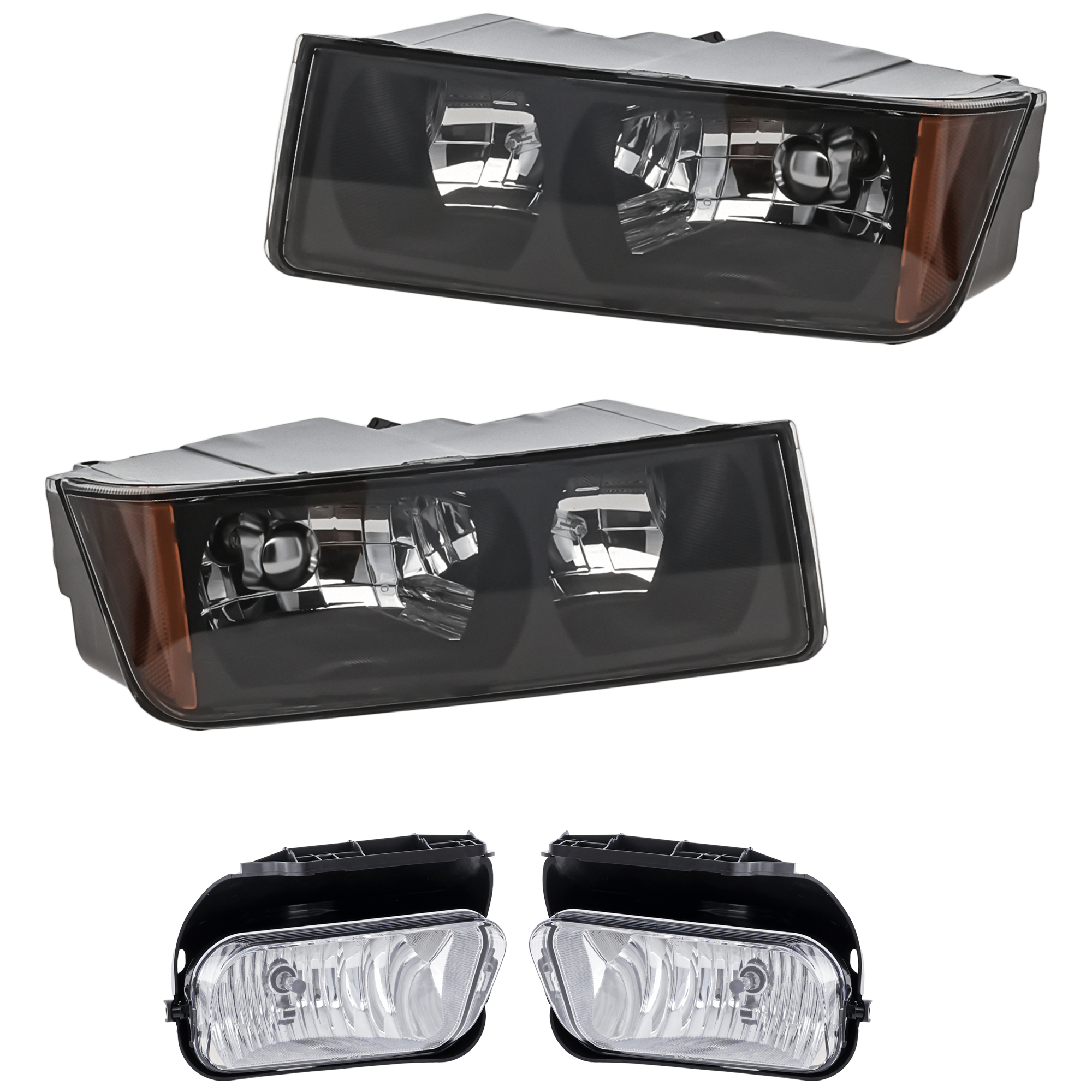 AM AVALANCHE 1500 AVALANCHE 2500-02-06 HEAD LAMP RH AND LH 4 pc Kit Assembly Halogen with Fog Light SKU KIT 072226-112 Partslink GM2502219 GM2503219 GM2593127 GM2592127 OEM 15136536-15136537-15190983-151
