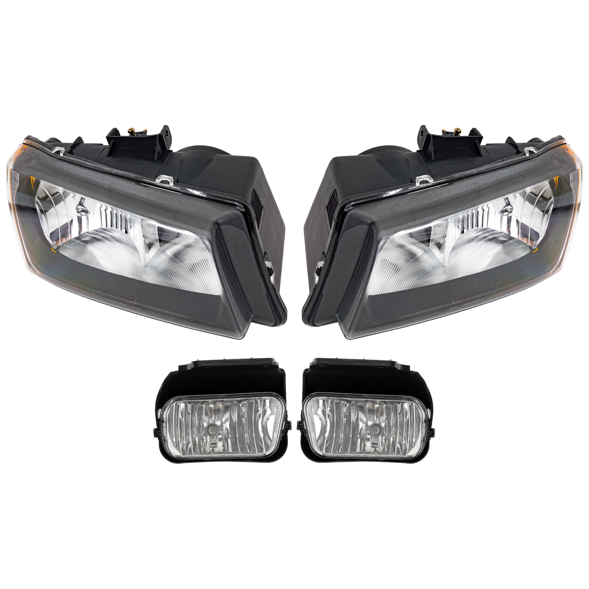 AM SILVERADO 1500 SILVERADO 2500 HD 04-06 HEAD LAMP RH AND LH 4 pc Kit Assembly Halogen with Fog Light SKU KIT 072226-115 Partslink GM2502257 GM2503224 GM2593150 GM2592150 OEM 10396912 PFM 10396913-15791434