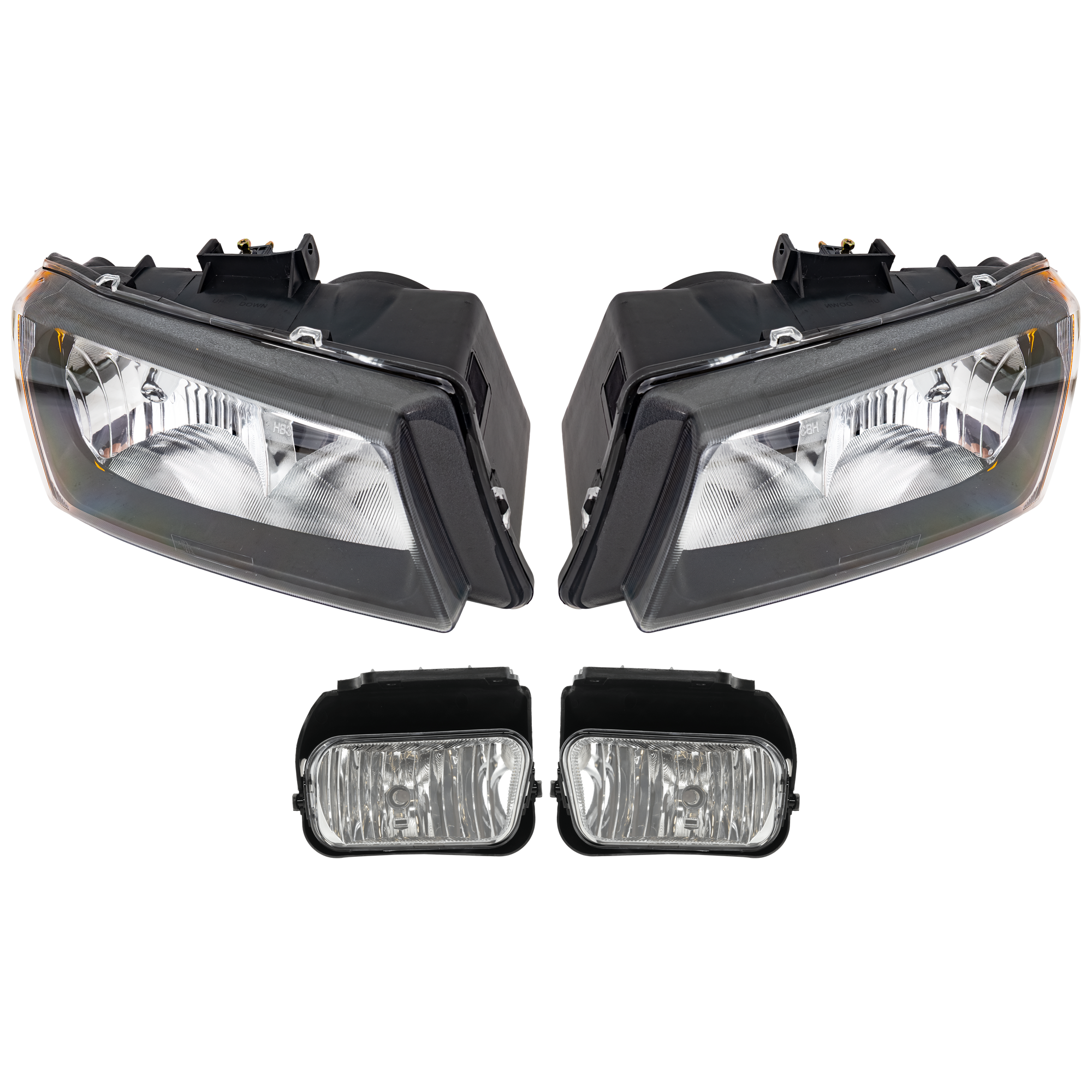 AM SILVERADO 1500 SILVERADO 2500 HD 04-06 HEAD LAMP RH AND LH 4 pc Kit Assembly Halogen with Fog Light SKU KIT 072226-116 Partslink GM2502257 GM2503257 GM2593150 GM2592150 OEM 10396912-10396913-15791434-157