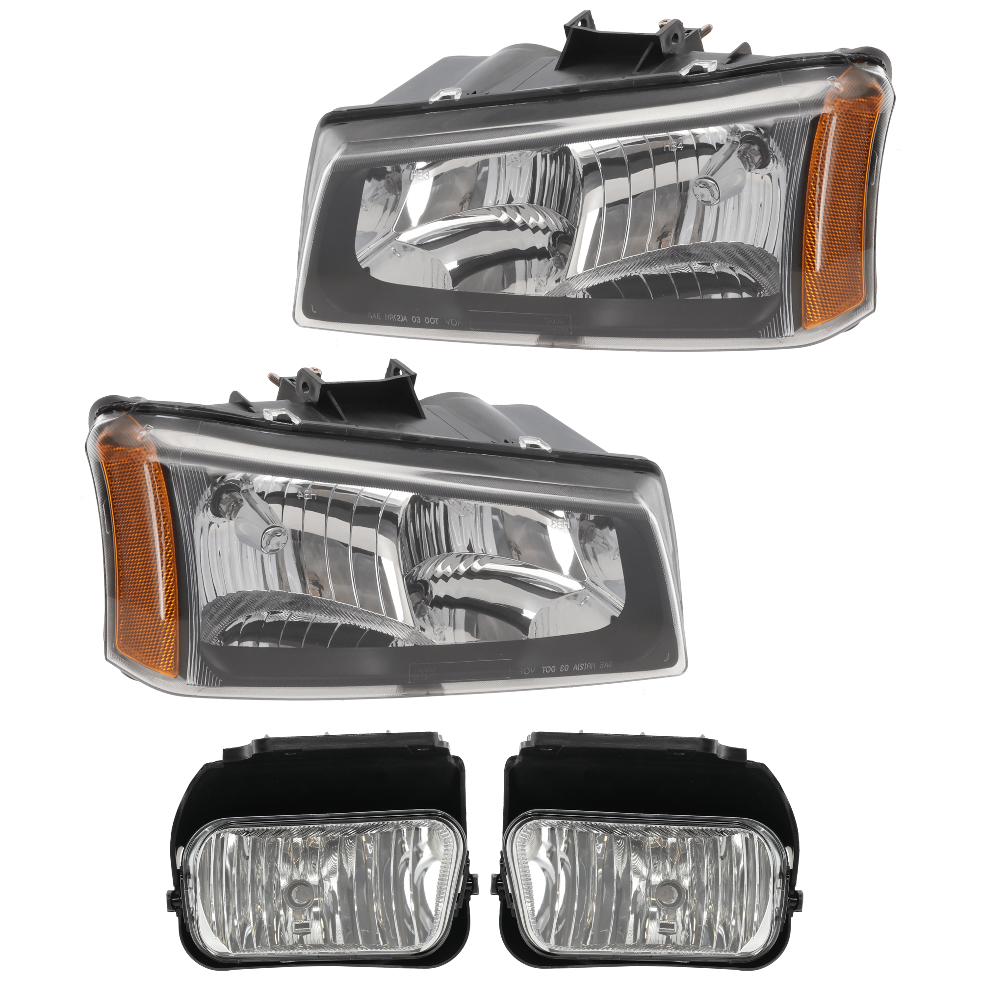 AM SILVERADO 1500 SILVERADO 2500 HD 04-06 HEAD LAMP RH AND LH 4 pc Kit Assembly Halogen with Fog Light SKU KIT 072226-117 Partslink GM2502224 GM2503224 GM2593150 GM2592150 OEM 10396912 PFM 10396913 PFM 1579