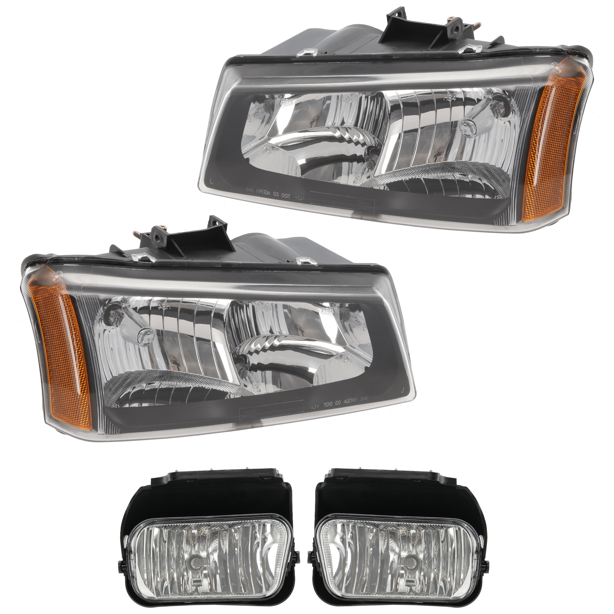 AM SILVERADO 1500 SILVERADO 2500 HD 04-06 HEAD LAMP RH AND LH 4 pc Kit Assembly Halogen with Fog Light SKU KIT 072226-118 Partslink GM2502224 GM2503257 GM2593150 GM2592150 OEM 10396912-10396913 PFM 15791434
