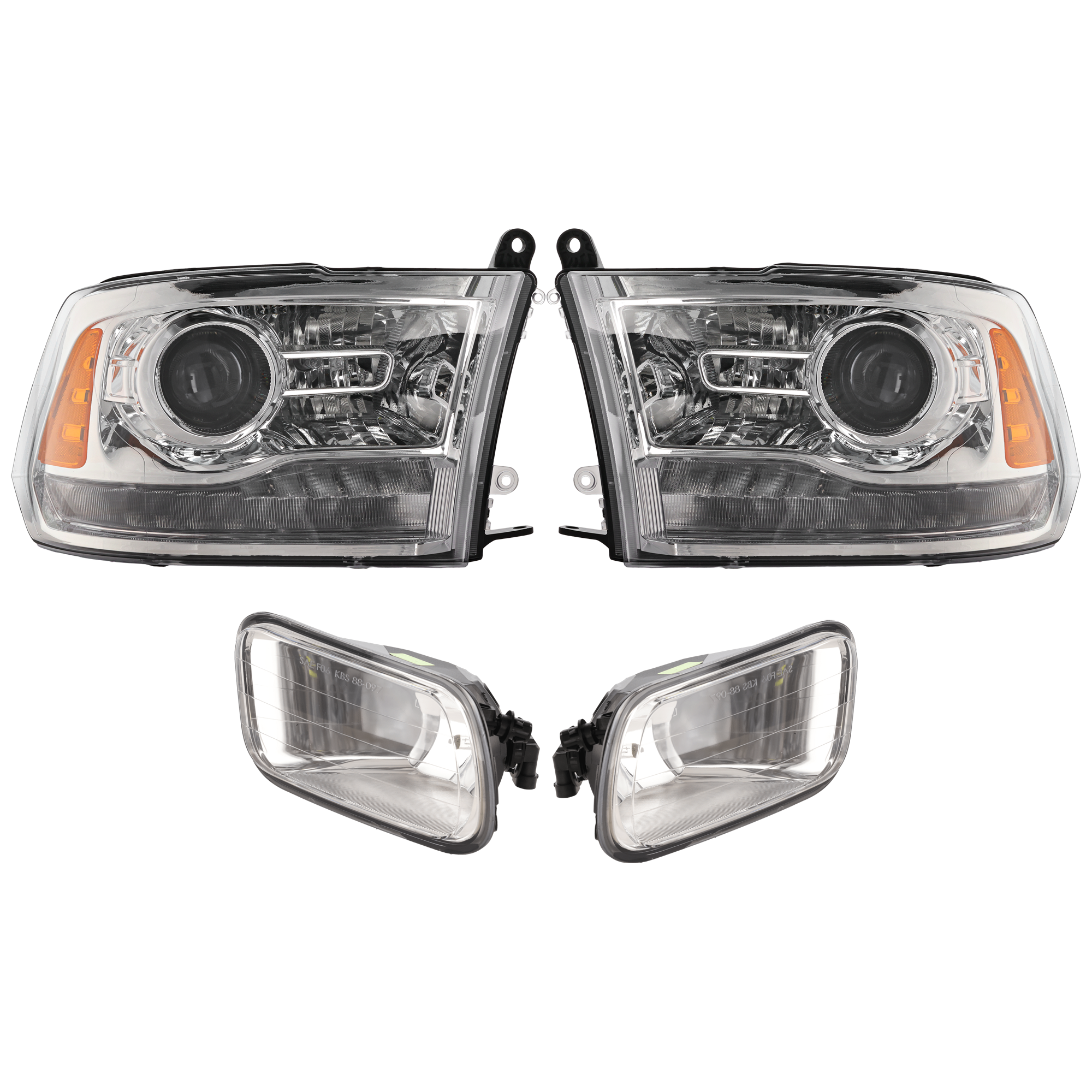 AM RAM 2500 RAM 3500-13-15 HEAD LAMP RH AND LH 4 pc Kit Assembly Halogen with Fog Light SKU KIT 072226-140 OEM 68093216AD 68093216AB 68093217