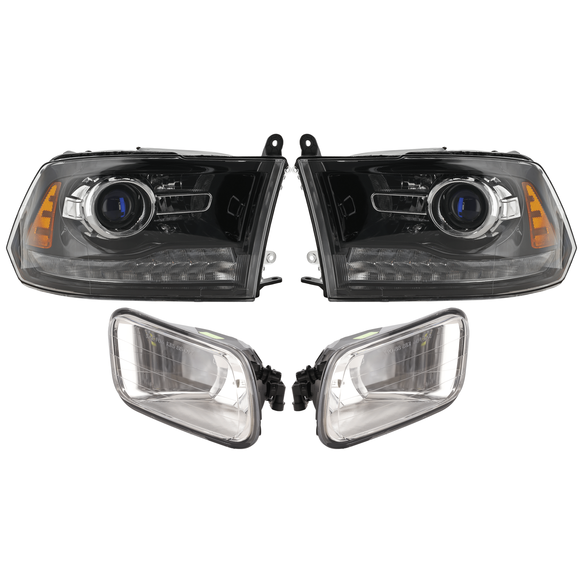 AM RAM 2500 RAM 3500-13-14 HEAD LAMP RH AND LH 4 pc Kit Assembly Halogen with Fog Light SKU KIT 072226-143 OEM 68093220AB 68093221AB 55372734