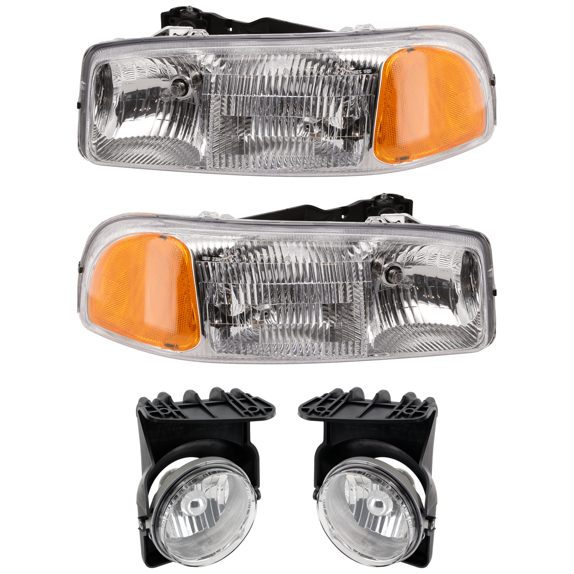 AM SIERRA 1500 SIERRA 2500 HD 03-04 HEAD LAMP RH AND LH 4 pc Kit Assembly Halogen with Fog Light SKU KIT 072226-149 Partslink GM2502188 GM2503188 GM2593128 GM2592128 OEM 15850351-15850352-15190985-151