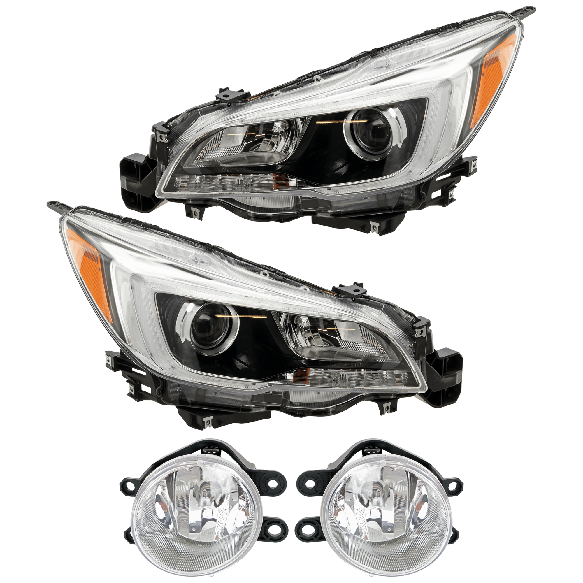 AM LEGACY 15-17 HEAD LAMP RH AND LH 4 pc Kit Assembly Halogen with Fog Light SKU KIT 072226-154 Partslink SU2502149C SU2503149C SU2593124C SU2592124C OEM 84001AL02A 84001AL03A 84501AL0