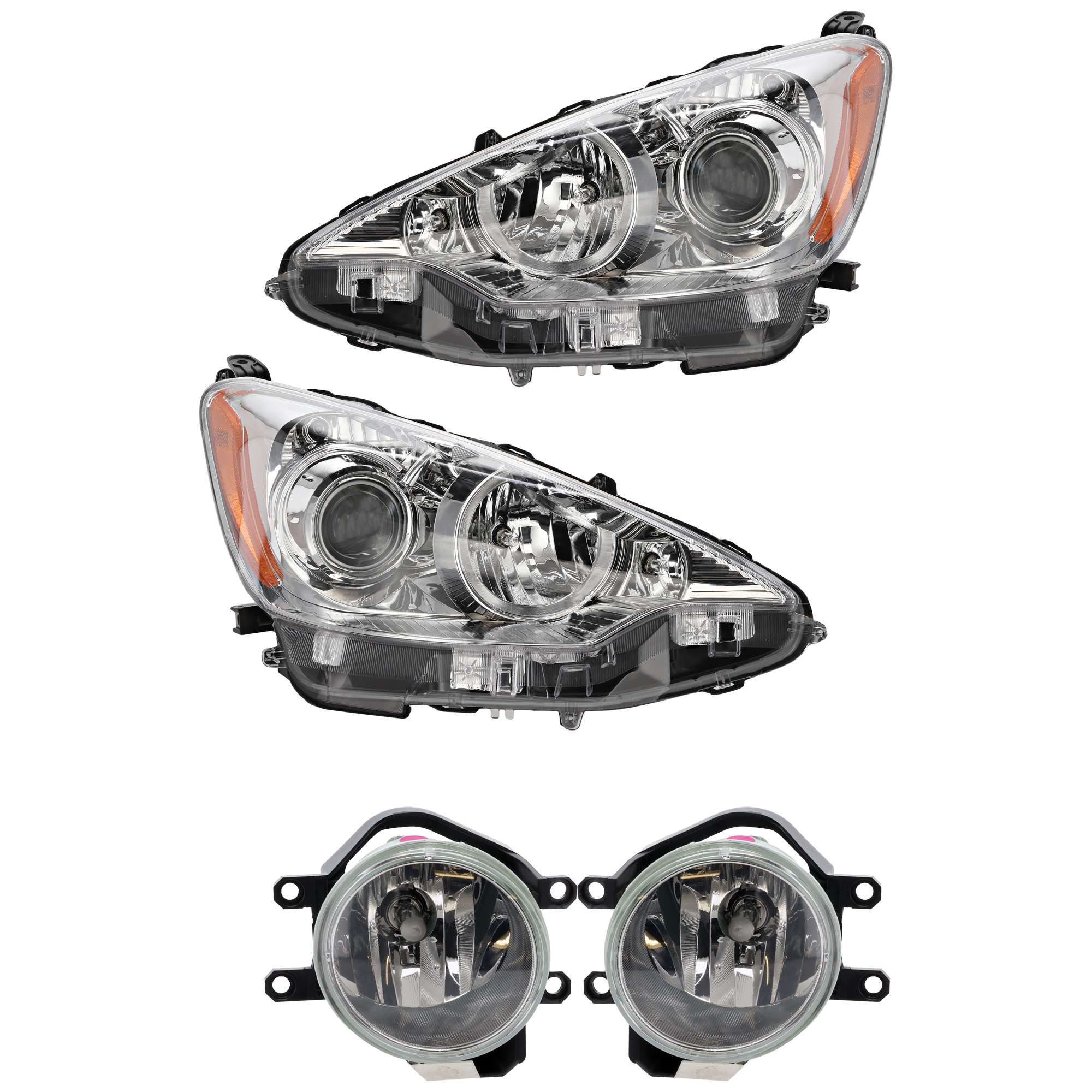 AM PRIUS C 12-14 HEAD LAMP RH AND LH 4 pc Kit Assembly Halogen with Fog Light SKU KIT 072226-179 Partslink TO2502214 TO2503214 TO2593126 TO2592126 OEM 8111052E81-8115052E81-81210122