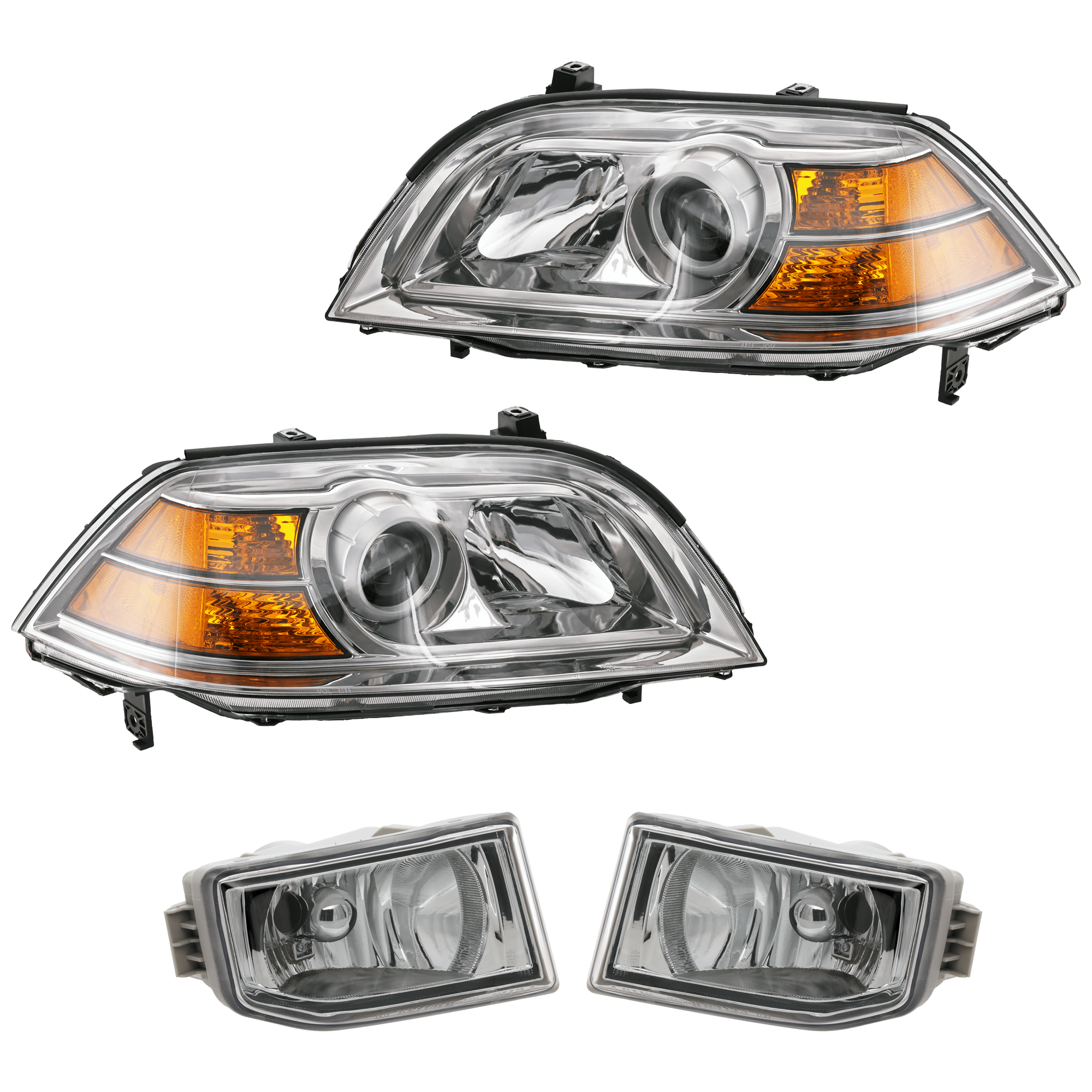 AM MDX 04-06 HEAD LAMP RH AND LH 4 pc Kit Lens and Housing Halogen with Fog Light SKU KIT 072226-180 Partslink AC2518107 AC2519107 AC2593105 AC2592105 OEM 33101S3VA12-33151S3VA12-33901S