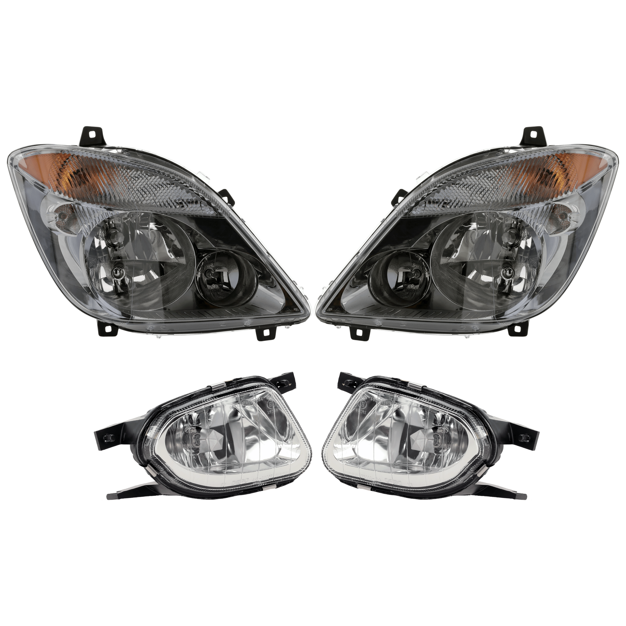 AM SPRINTER 2500 SPRINTER 3500-10-13 HEAD LAMP RH AND LH 4 pc Kit Assembly Halogen with Fog Light SKU KIT 072226-181 Partslink CH2502198 MB2502191 CH2503198 MB2503191 MB2593125 MB2592125 OEM 68012120AA 9068201661-68012121