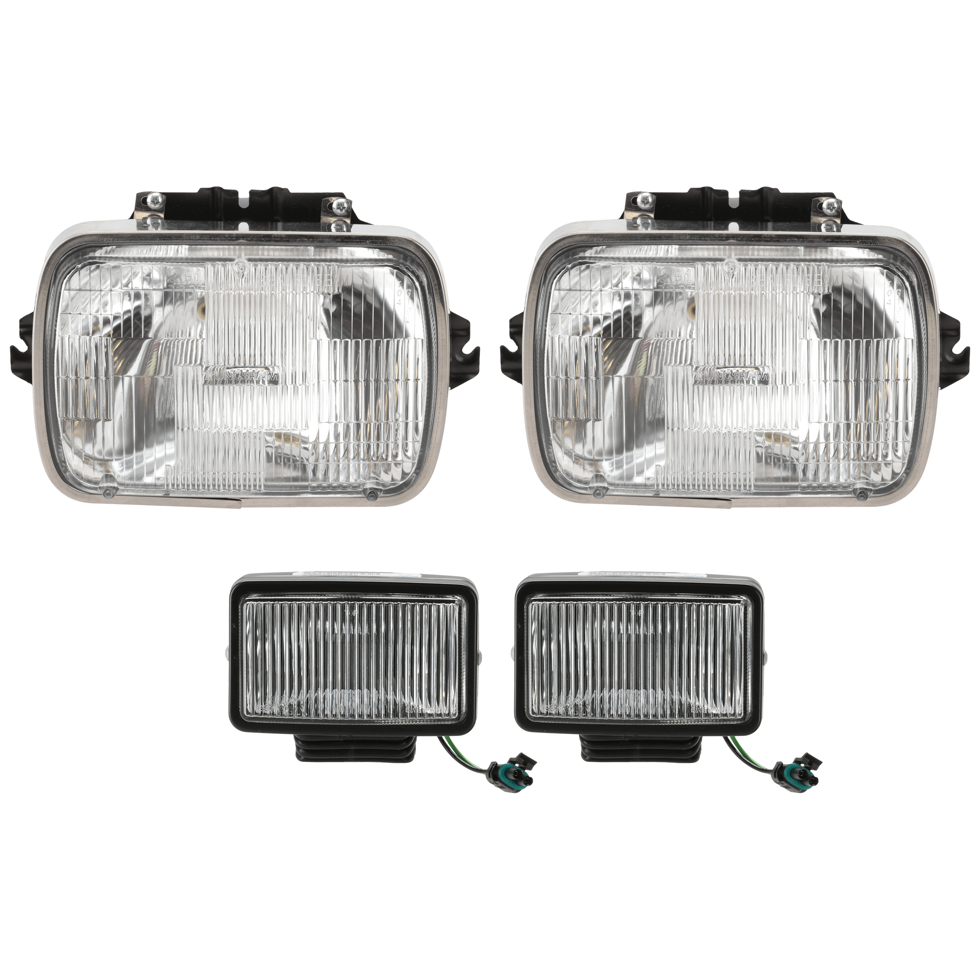 AM CHEROKEE 87-96 WRANGLER 87-95 HEAD LAMP RH AND LH 4 pc Kit Assembly Halogen with Fog Light SKU KIT 072226-200 Partslink CH2500115 CH2590101 OEM 5201204 L00H6054-5201334-55054