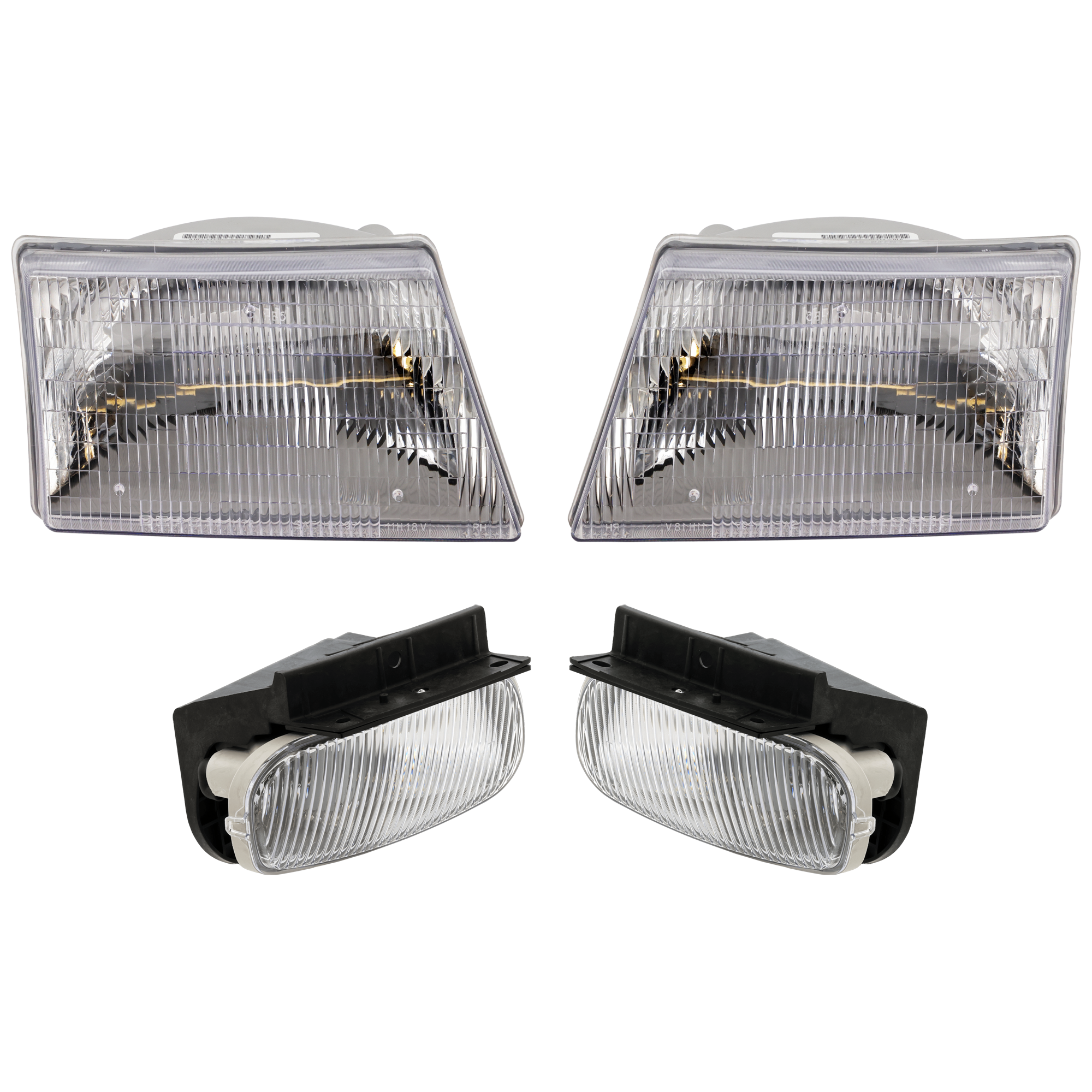 AM B2500 B3000-98-00 HEAD LAMP RH AND LH 4 pc Kit Assembly Halogen with Fog Light SKU KIT 072226-50 Partslink MA2502113 MA2503113 FO2593198 FO2592198 OEM ZZP051030B ZZP051040B YL5Z1520