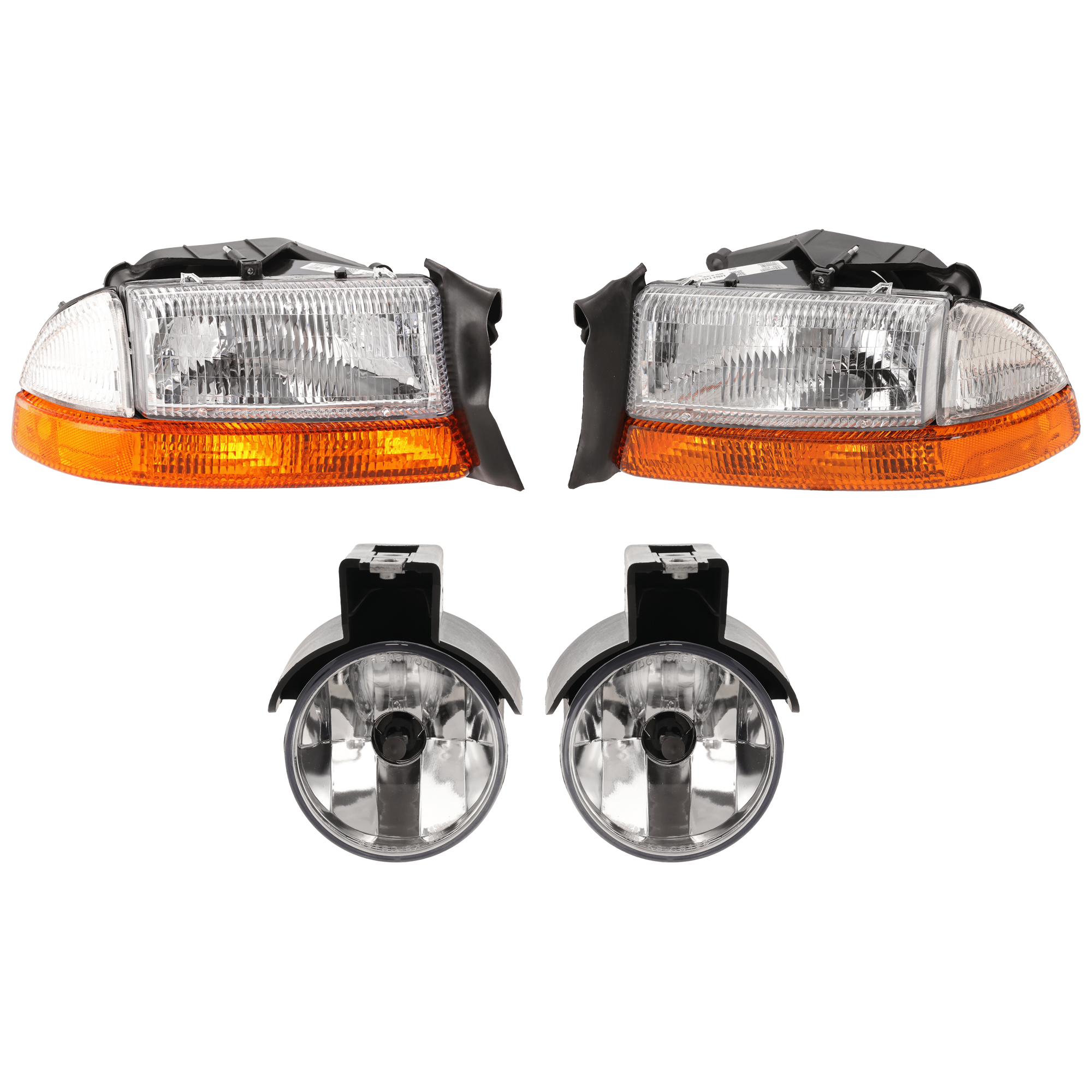 AM DAKOTA DURANGO 98-00 HEAD LAMP RH AND LH 4 pc Kit Assembly Halogen with Fog Light SKU KIT 072226-53 Partslink CH2502122 CH2503122 CH2593104 CH2592104 OEM 55055110AI 55055111AI 55076792