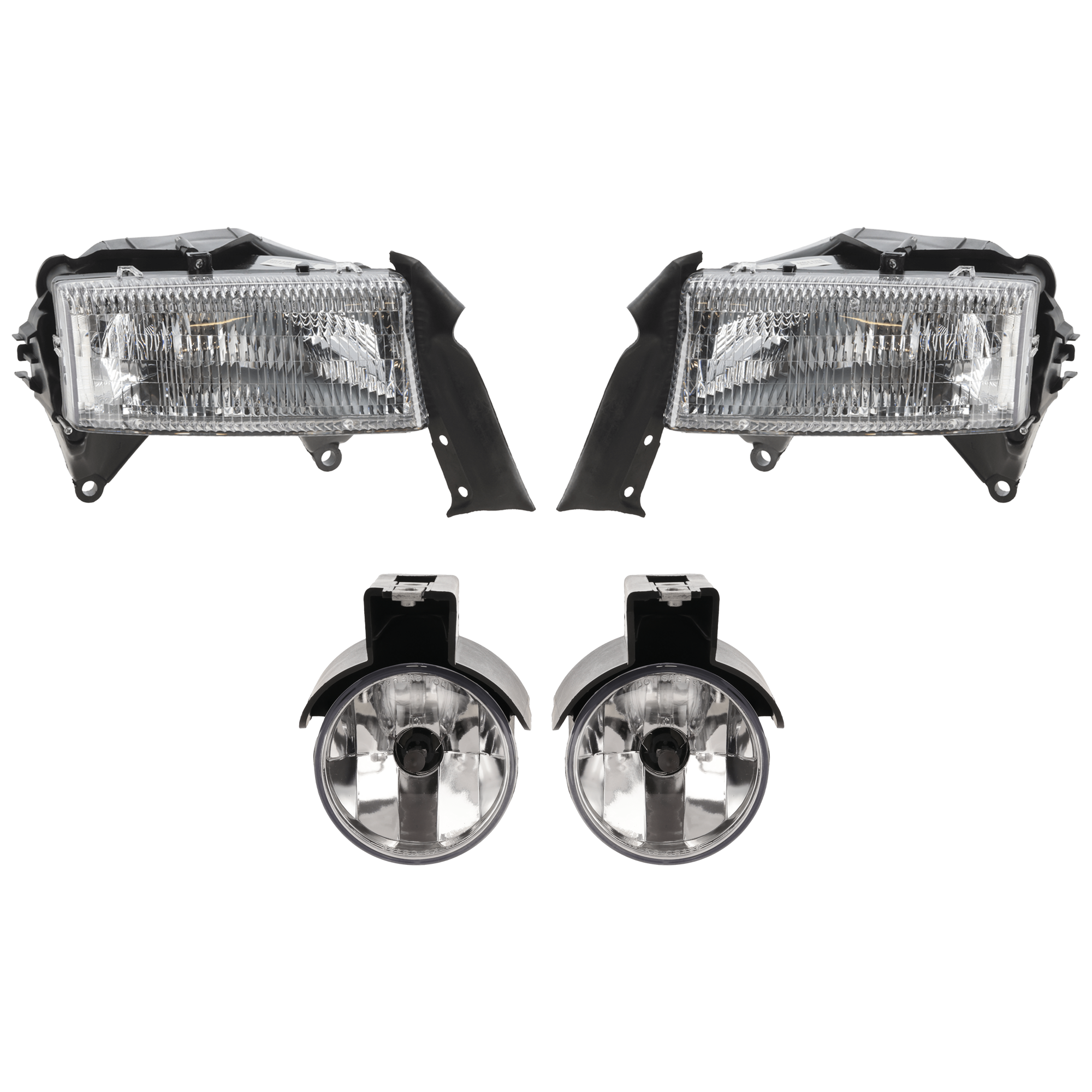 AM DAKOTA 97-00 DURANGO 98-00 HEAD LAMP RH AND LH 4 pc Kit Assembly Halogen with Fog Light SKU KIT 072226-56 Partslink CH2593104 CH2592104 OEM 55055170AE PFM 55055171AE PFM