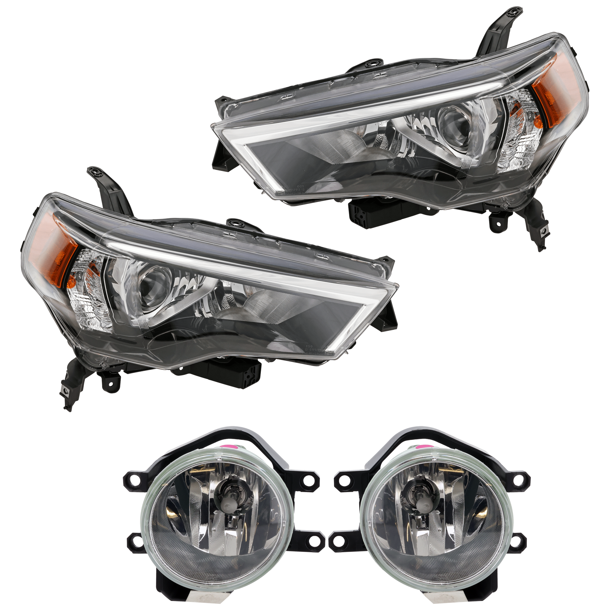 AM 4RUNNER 14-20 HEAD LAMP RH AND LH 4 pc Kit Assembly Halogen with Fog Light SKU KIT 072226-57 Partslink TO2593126 TO2592126 OEM 8113035541 PFM 8117035571 PFM