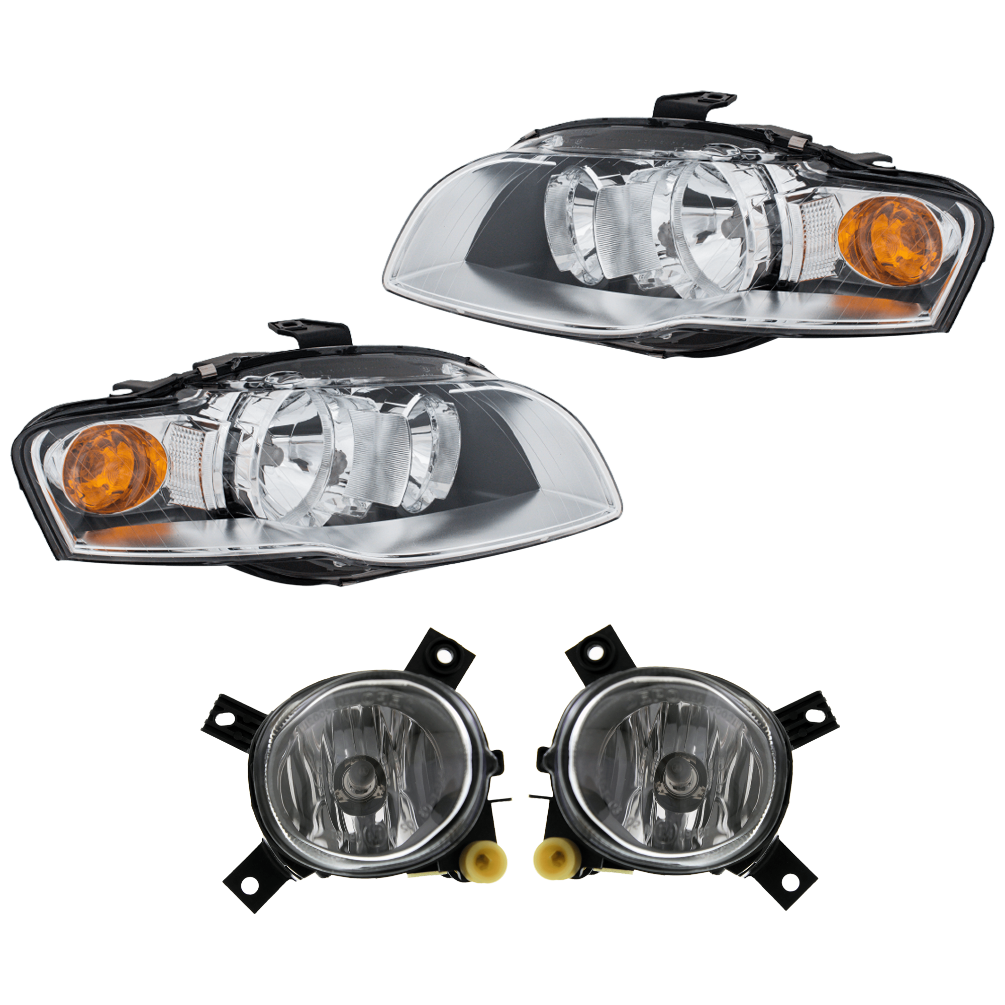 AM A4 QUATTRO A4-05-09 HEAD LAMP RH AND LH 4 pc Kit Assembly Halogen with Fog Light SKU KIT 072226-58 Partslink AU2502128 AU2503128 AU2593112 AU2592112 OEM 8E0941003AL 8E0941004AL 8E0941