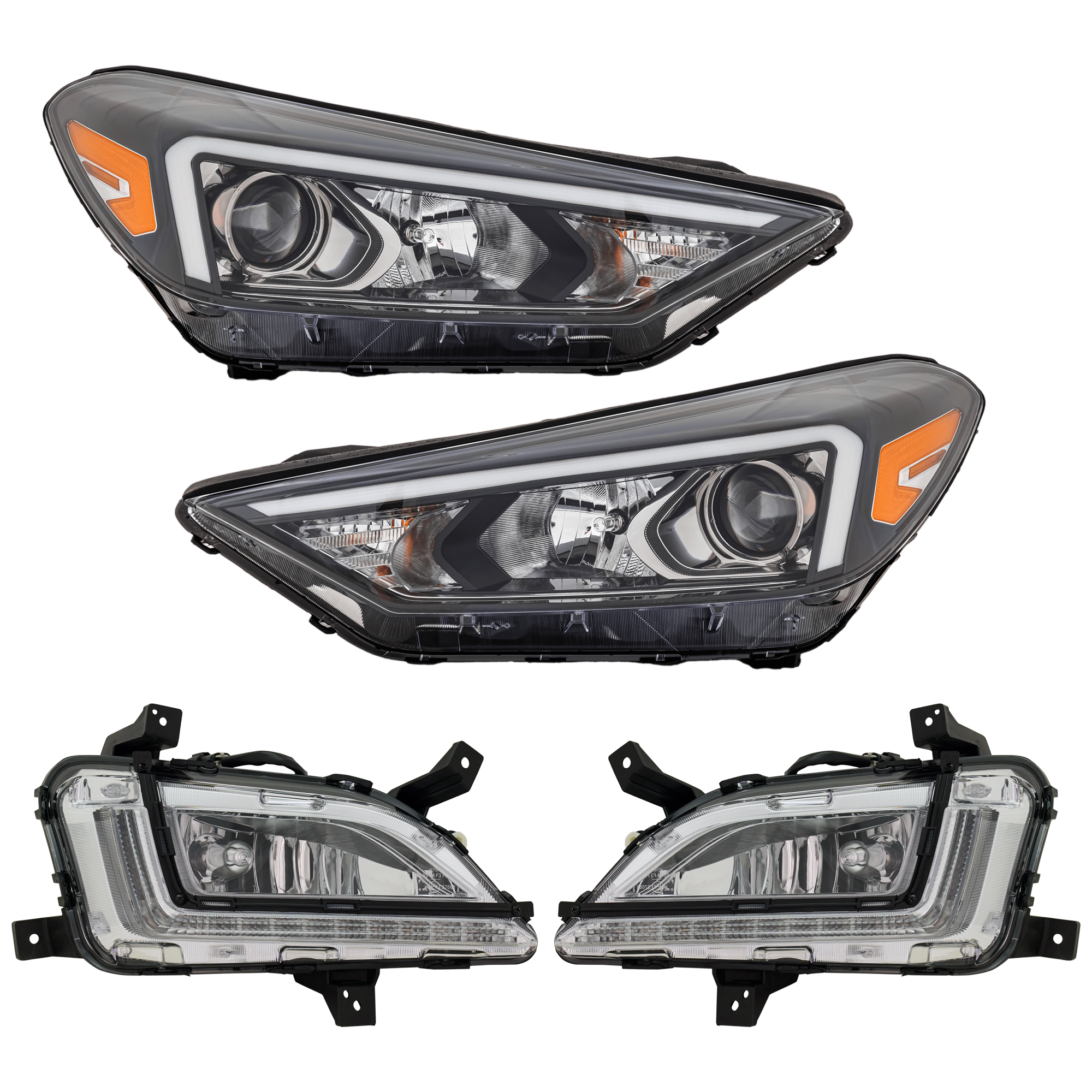AM TUCSON 19-21 HEAD LAMP RH AND LH 4 pc Kit Assembly Halogen with Fog Light SKU KIT 072226-77 Partslink HY2502234 HY2503234 HY2593170 HY2592170 OEM 92101D3500-92102D3500-92202D36