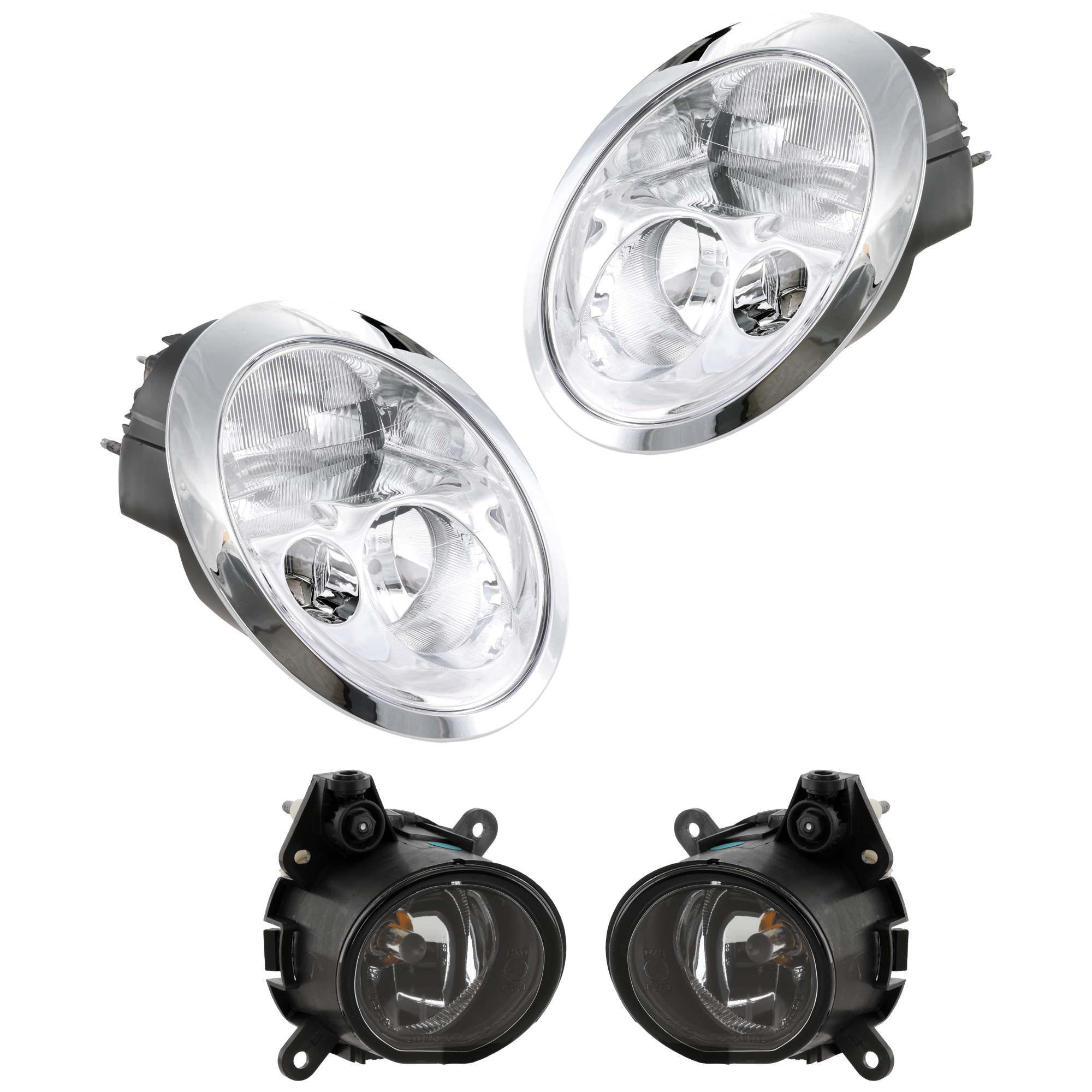 AM COOPER 02-04 HEAD LAMP RH AND LH 4 pc Kit Assembly Halogen with Fog Light SKU KIT 072226-78 Partslink MC2502101 MC2503101 MC2593101 MC2592101 OEM 63126911705-63126911706-631769