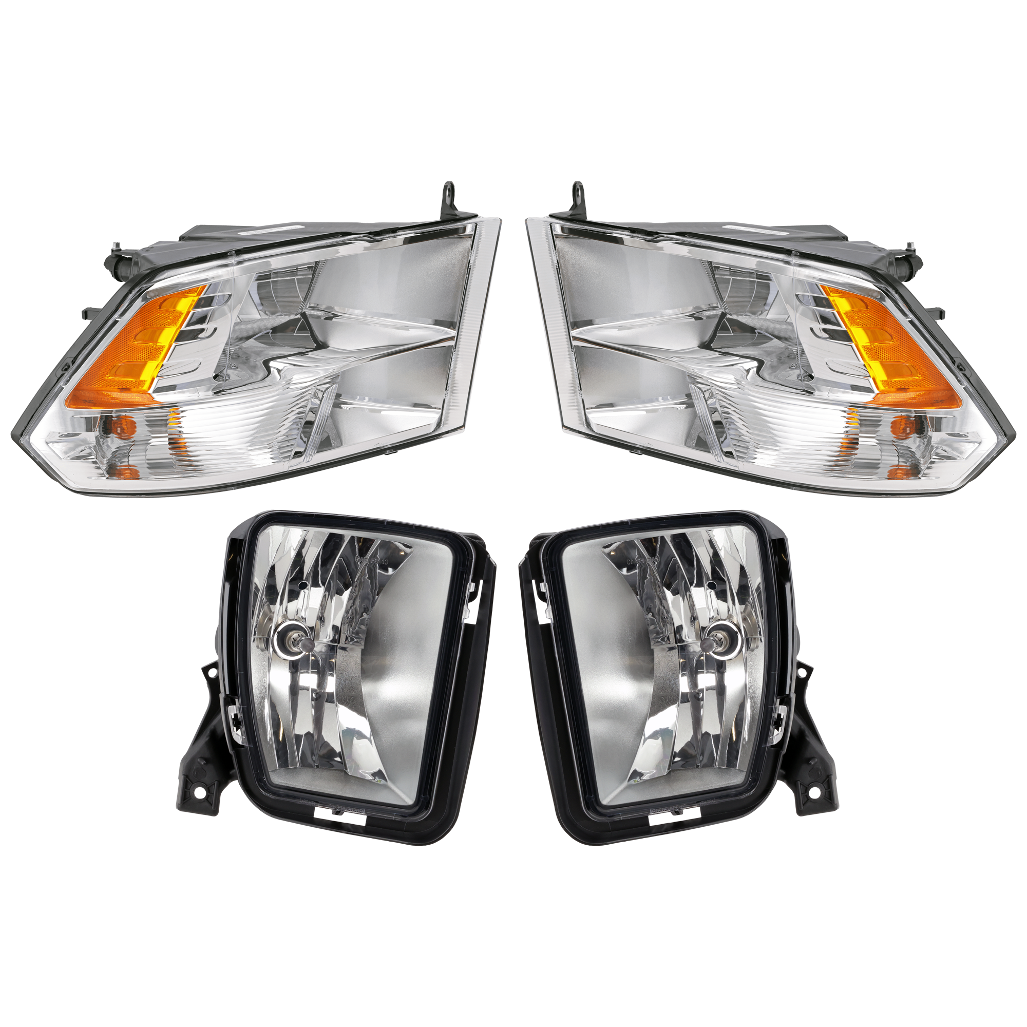 AM 1500 CLASSIC 19-24 RAM 1500-13-18 HEAD LAMP RH AND LH 4 pc Kit Assembly Halogen with Fog Light SKU KIT 072226-79 Partslink CH2502242C CH2503242C CH2593147C CH2592147C OEM 68096438AJ 68096439AJ 68104820