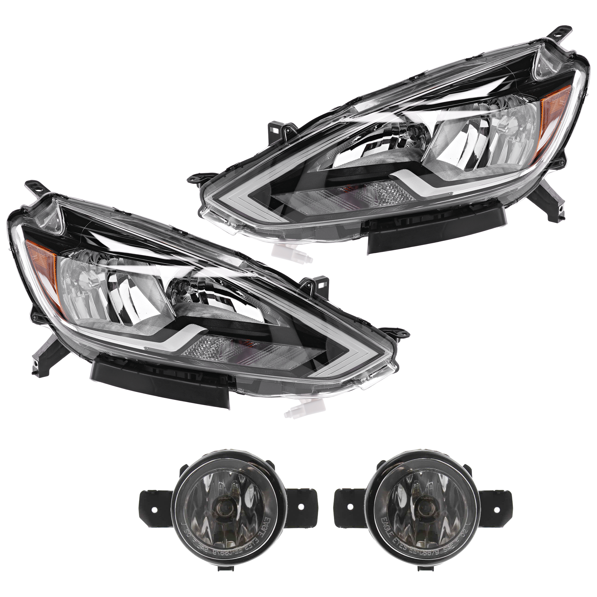 AM SENTRA 16-19 HEAD LAMP RH AND LH 4 pc Kit Assembly Halogen with Fog Light SKU KIT 072226-82 Partslink NI2502244 NI2503244 NI2593122 NI2593117 NI2592122 NI2592117 OEM 260103YU0A 260603YU0A 261509B9