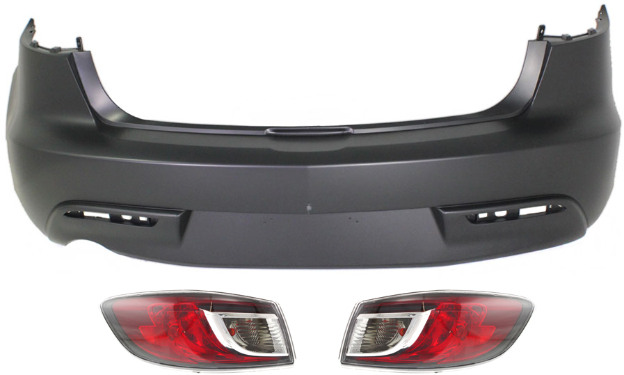 AM MAZDA 3-10-11 REAR BUMPER COVER 3 pc Kit with Tail Light Sedan SKU KIT 072317-58 Partslink MA1100201 MA2800144 MA2801144 OEM BBM450221MBB BBM451160G BBM451