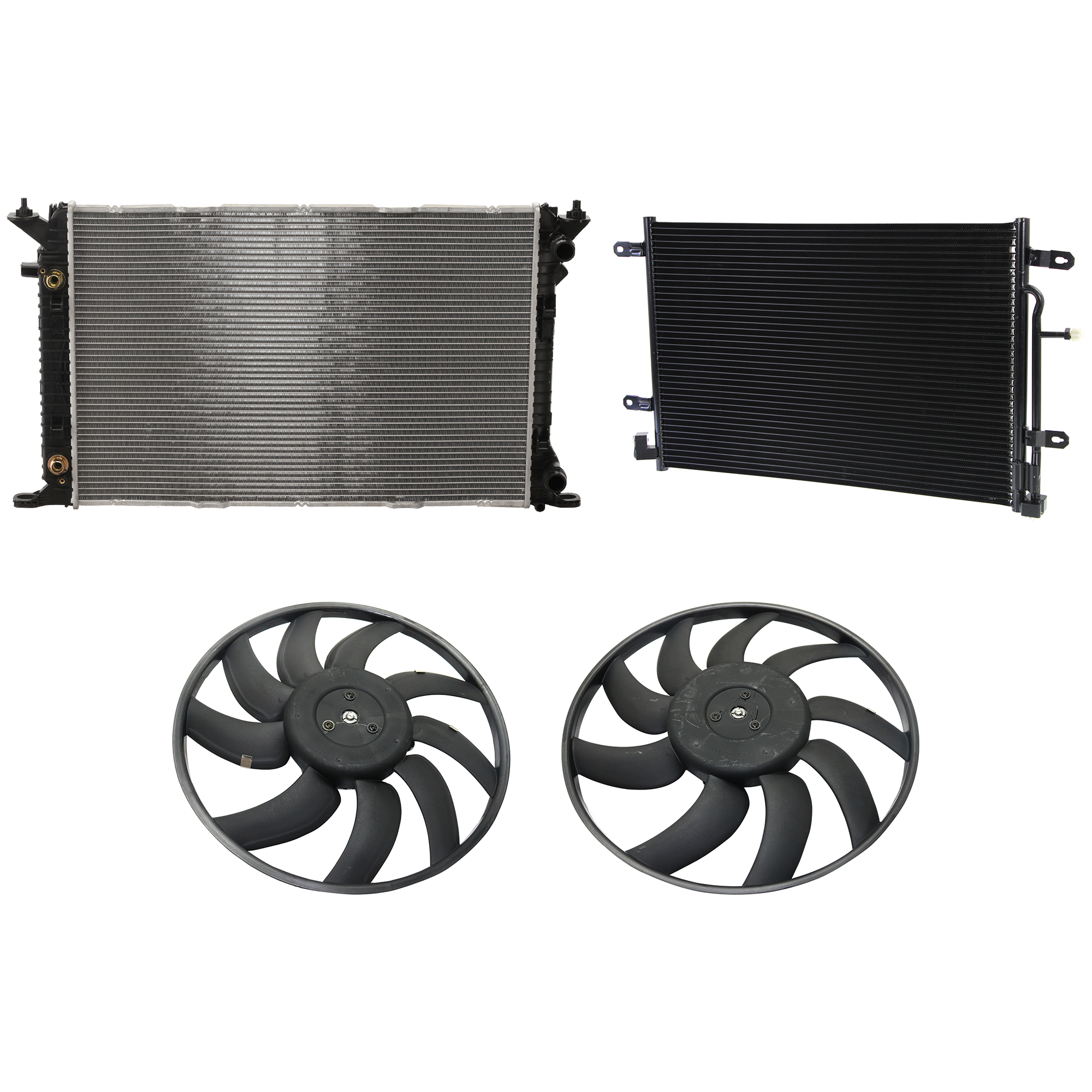 AM A4 A4 QUATTRO 09-09 A C CONDENSER RADIATOR COOLING FAN KIT 4 pc kit 2.0L Eng. 4 Cyl. SKU KIT 072324-03 Partslink AU3030127 AU3010145 OEM 8E0260403T 8K0959455T 8K095945