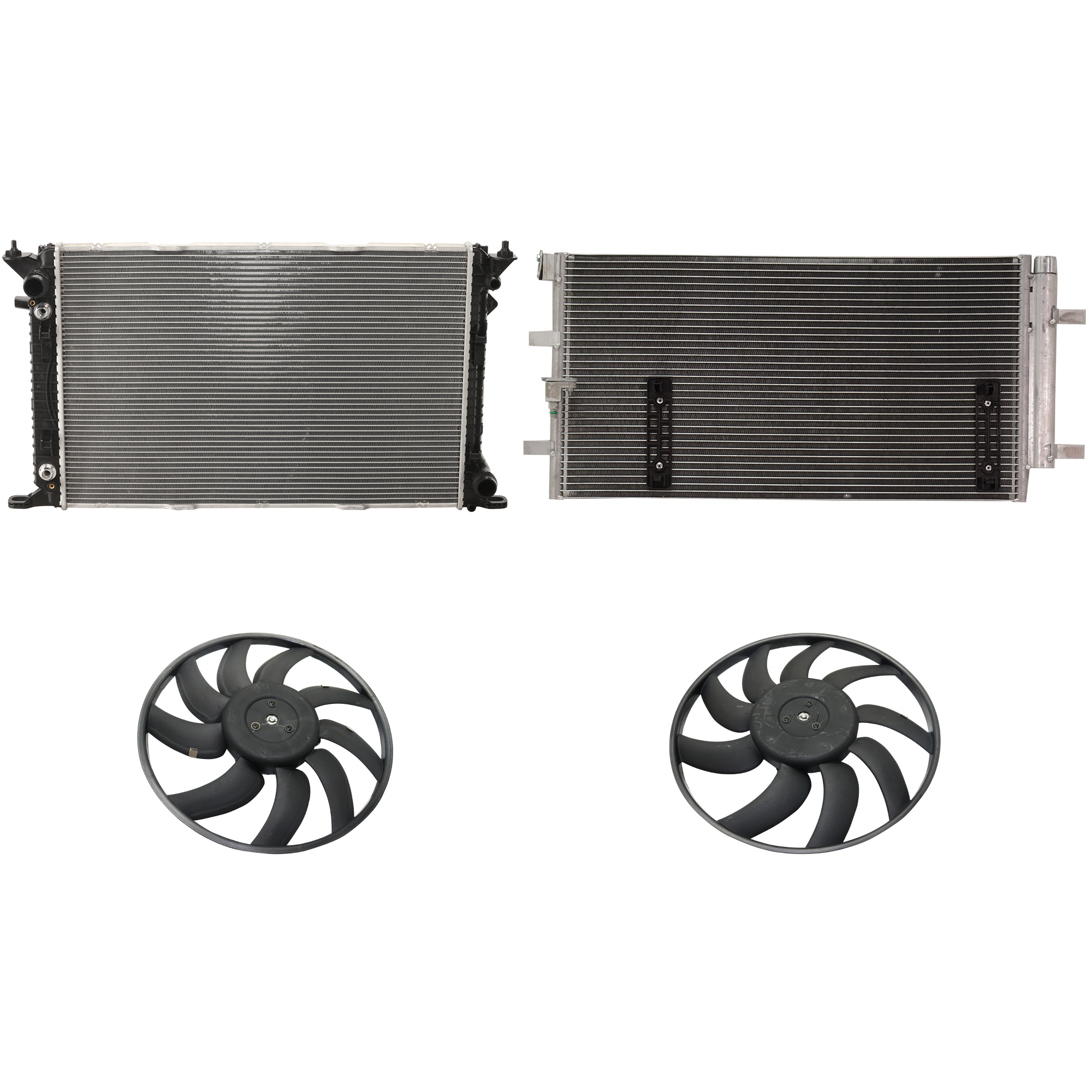 AM A5 QUATTRO 08-10 Q5-09-12 A C CONDENSER RADIATOR COOLING FAN KIT 4 pc kit 3.2L Eng. 6 Cyl. SKU KIT 072324-07 Partslink AU3030132 AU3010147 OEM 8K0260403AF 8K0959455T 8K09594