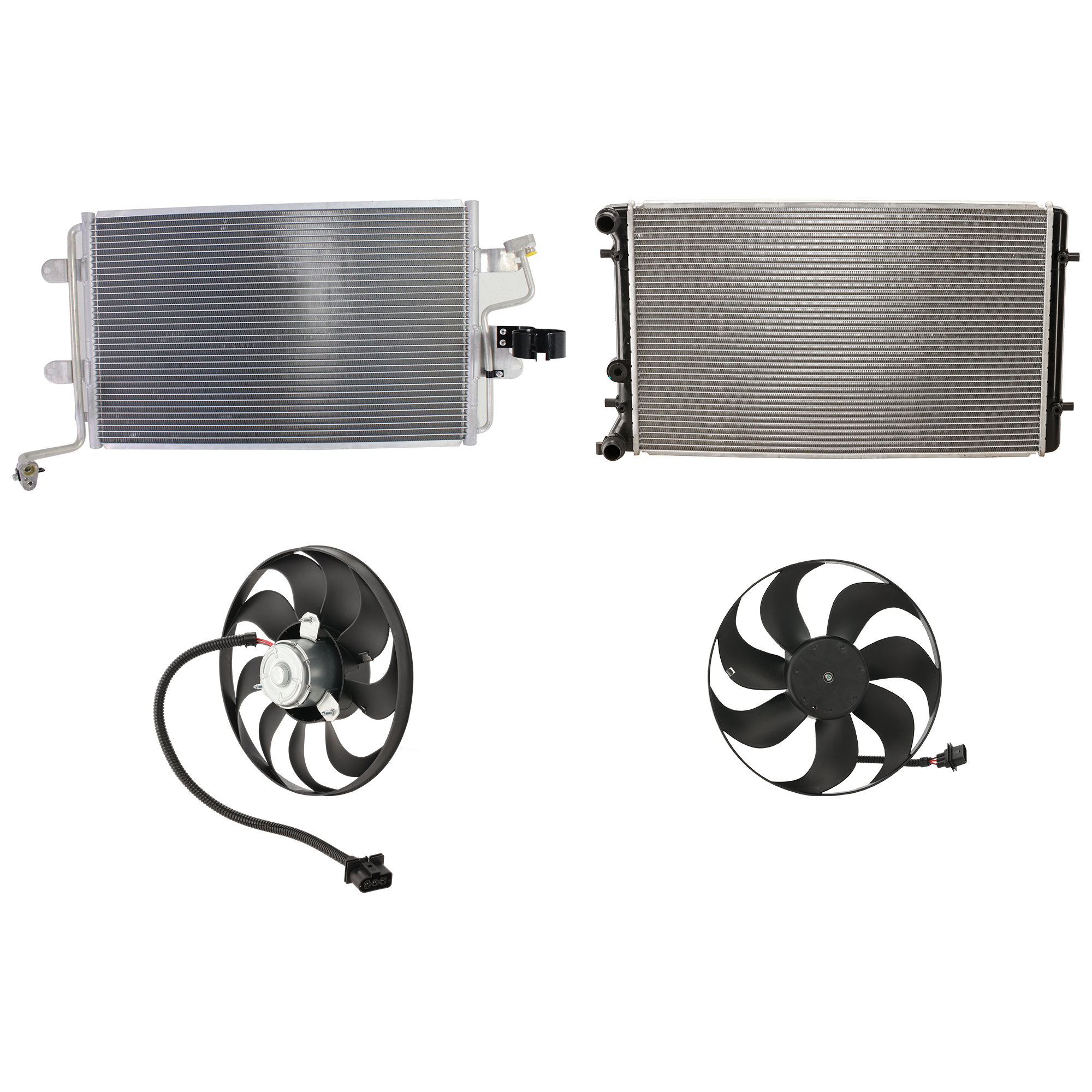 AM JETTA 99-05 TT 00-02 A C CONDENSER RADIATOR COOLING FAN KIT 4 pc kit TT 1.8L Eng. 4 Cyl. and JETTA 1.8L 1.9L 2.0L 2.8L Eng. 4 Cyl. And 6 Cyl. SKU KIT 072324-09 Partslink VW3030108 VW3117111 VW3117105 VW3010103 OEM 1J0820413N 1C0959455C 6X095945