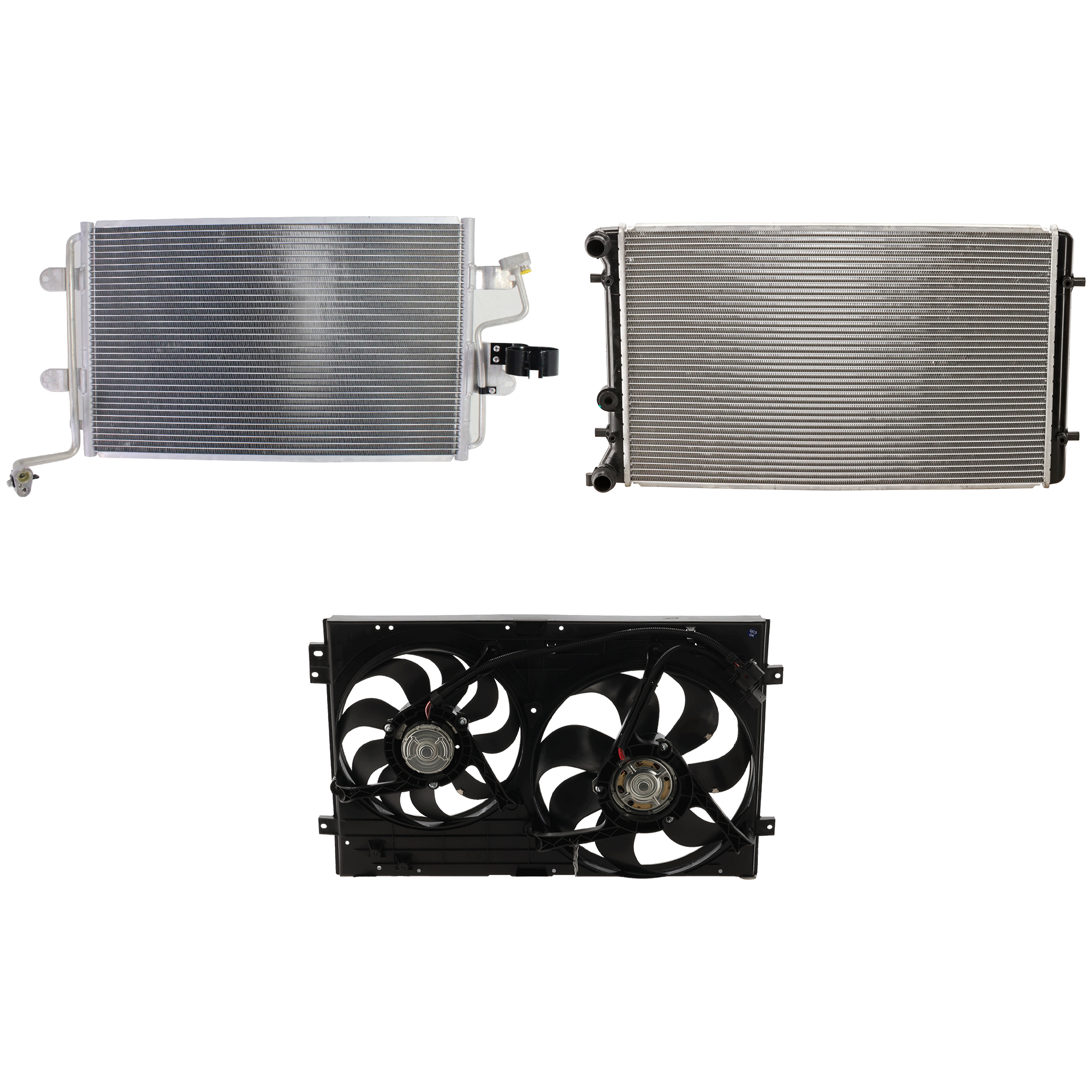 AM JETTA 99-05 TT 00-06 A C CONDENSER RADIATOR COOLING FAN KIT 3 pc kit TT TT QUATTRO 1.8L and 3.2L Eng. 4 Cyl. and 6 Cyl. and JETTA 1.8L 1.9L 2.0L Eng. 4 Cyl. SKU KIT 072324-108 Partslink VW3030108 VW3115103 VW3010103 OEM 1J0820413N 1J0121205BB41-1J012