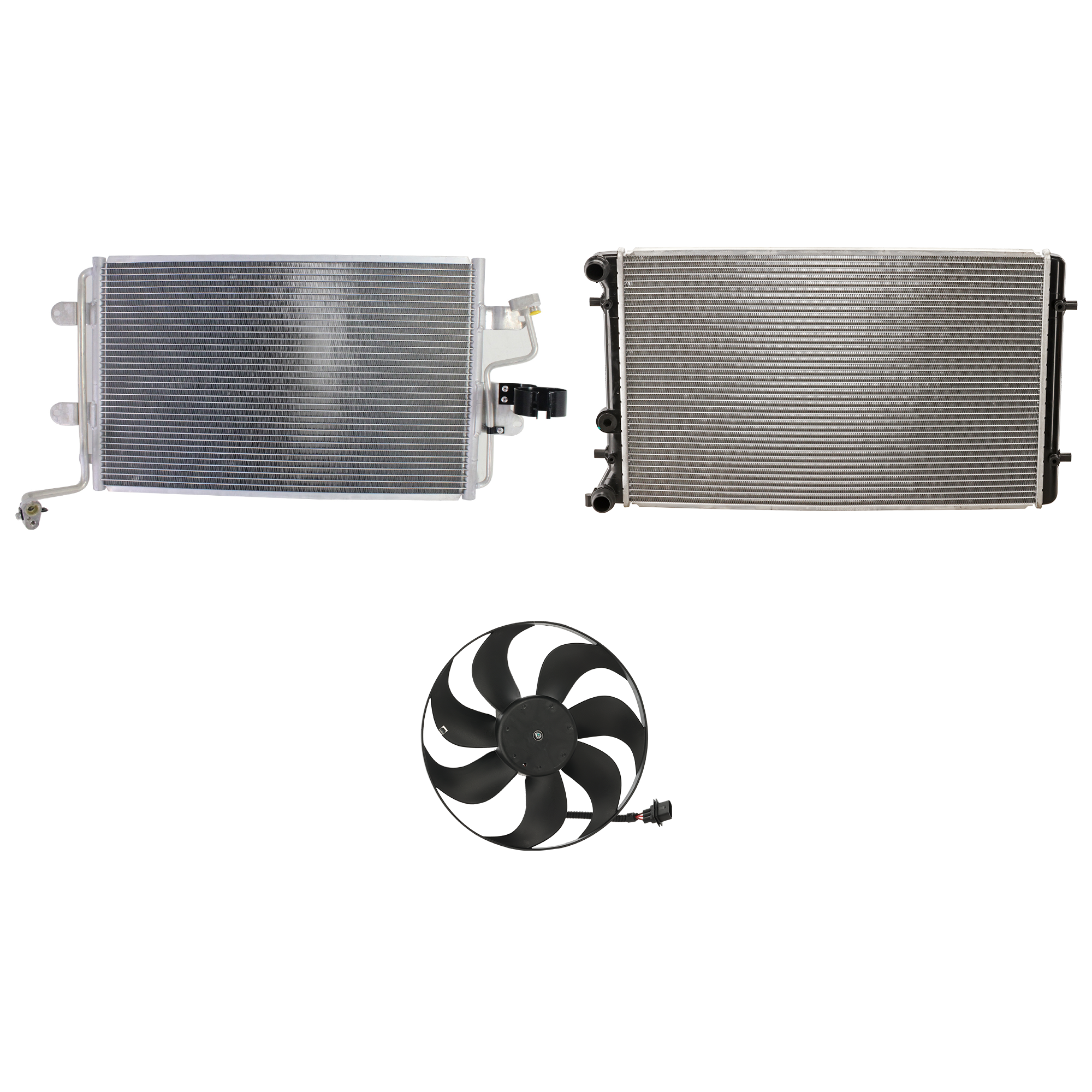 AM JETTA 99-05 TT 00-02 A C CONDENSER RADIATOR COOLING FAN KIT 3 pc kit 1.8L Eng. 4 Cyl. JETTA 1.8L 1.9L 2.0L 2.8L Eng. 4 Cyl. and 6 Cyl. SKU KIT 072324-110 Partslink VW3030108 VW3117105 VW3010103 OEM 1J0820413N 6X0959455F 1J012125